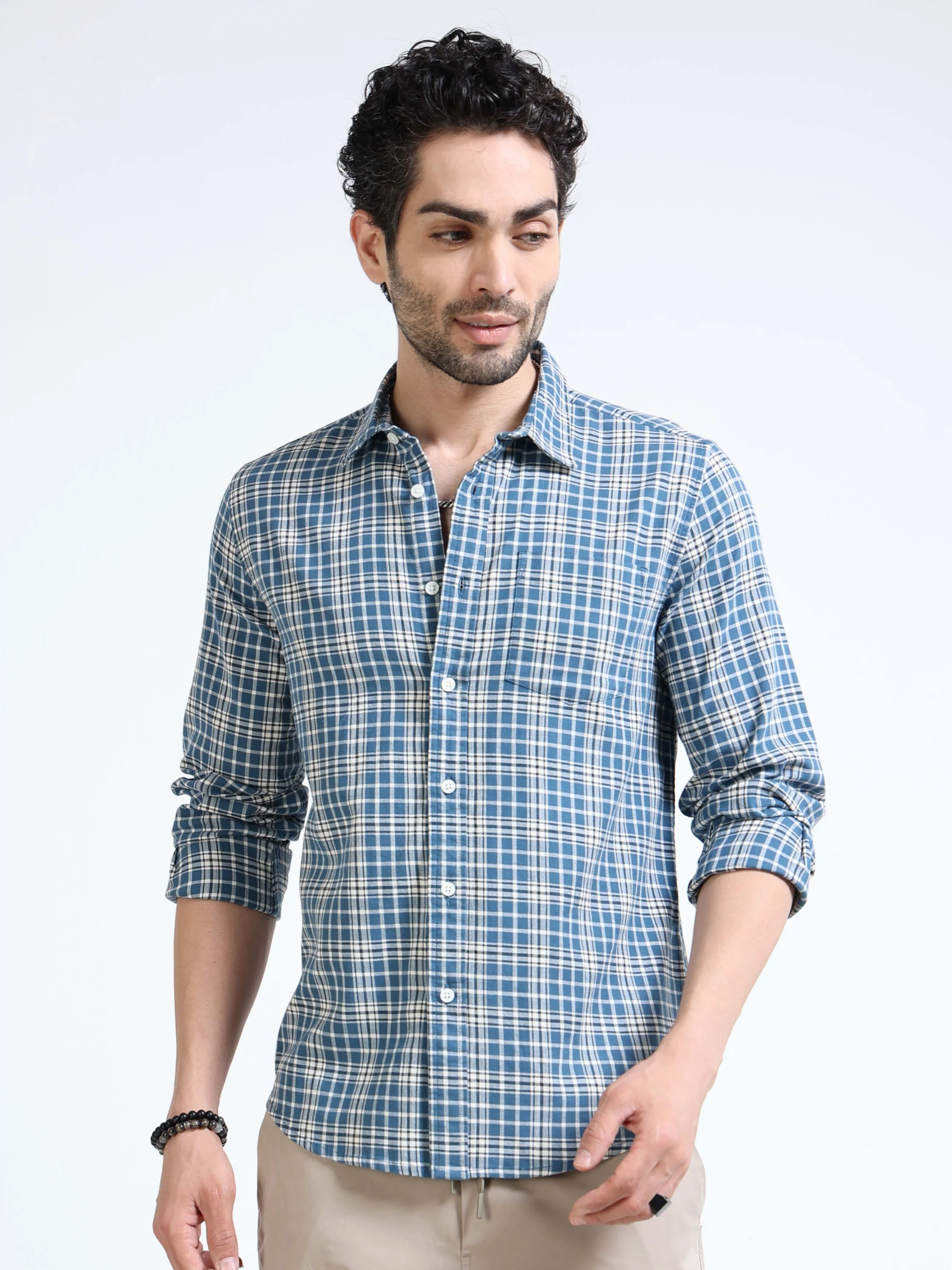 Men Blue Plaid Regular Fit Shirt - Image 6
