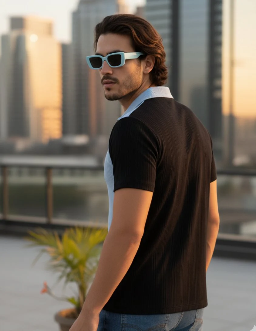 Men Blue Polo Neck T-Shirt - Image 2