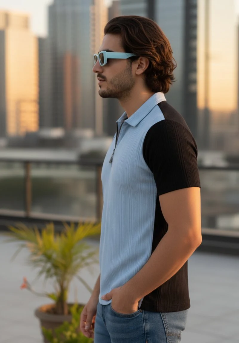 Men Blue Polo Neck T-Shirt - Image 3