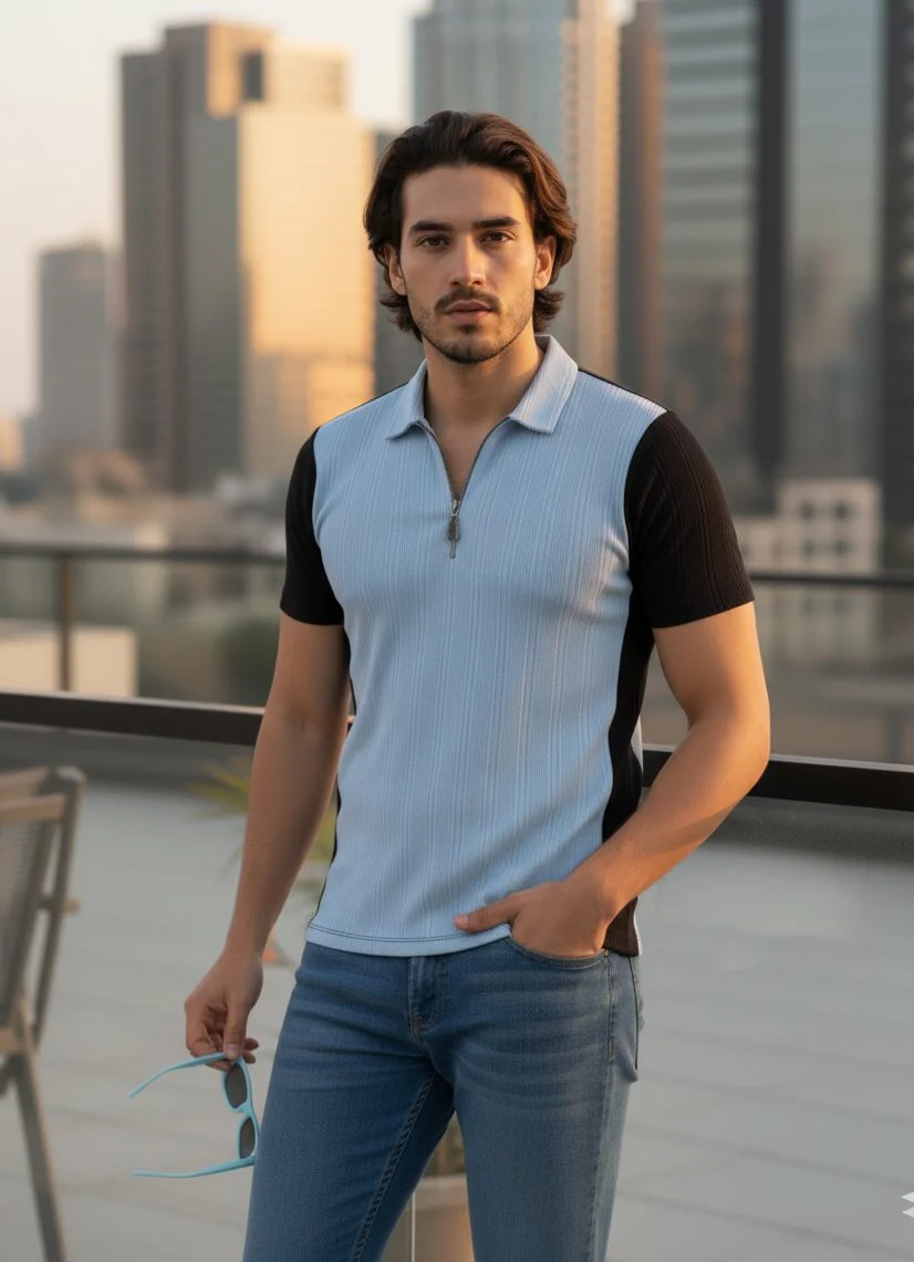 Men Blue Polo Neck T-Shirt - Image 5