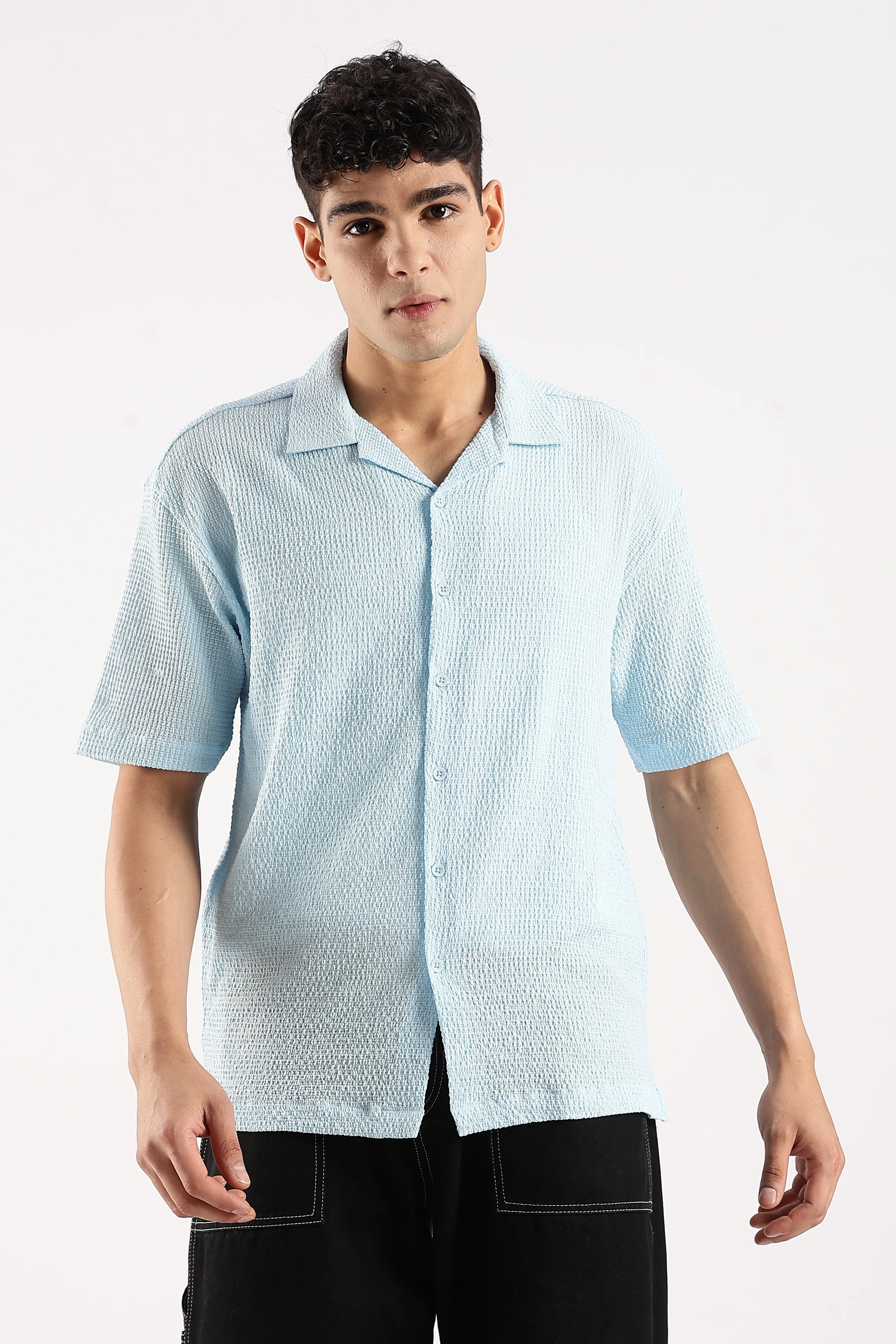 Men Blue Poly Textured Shirt