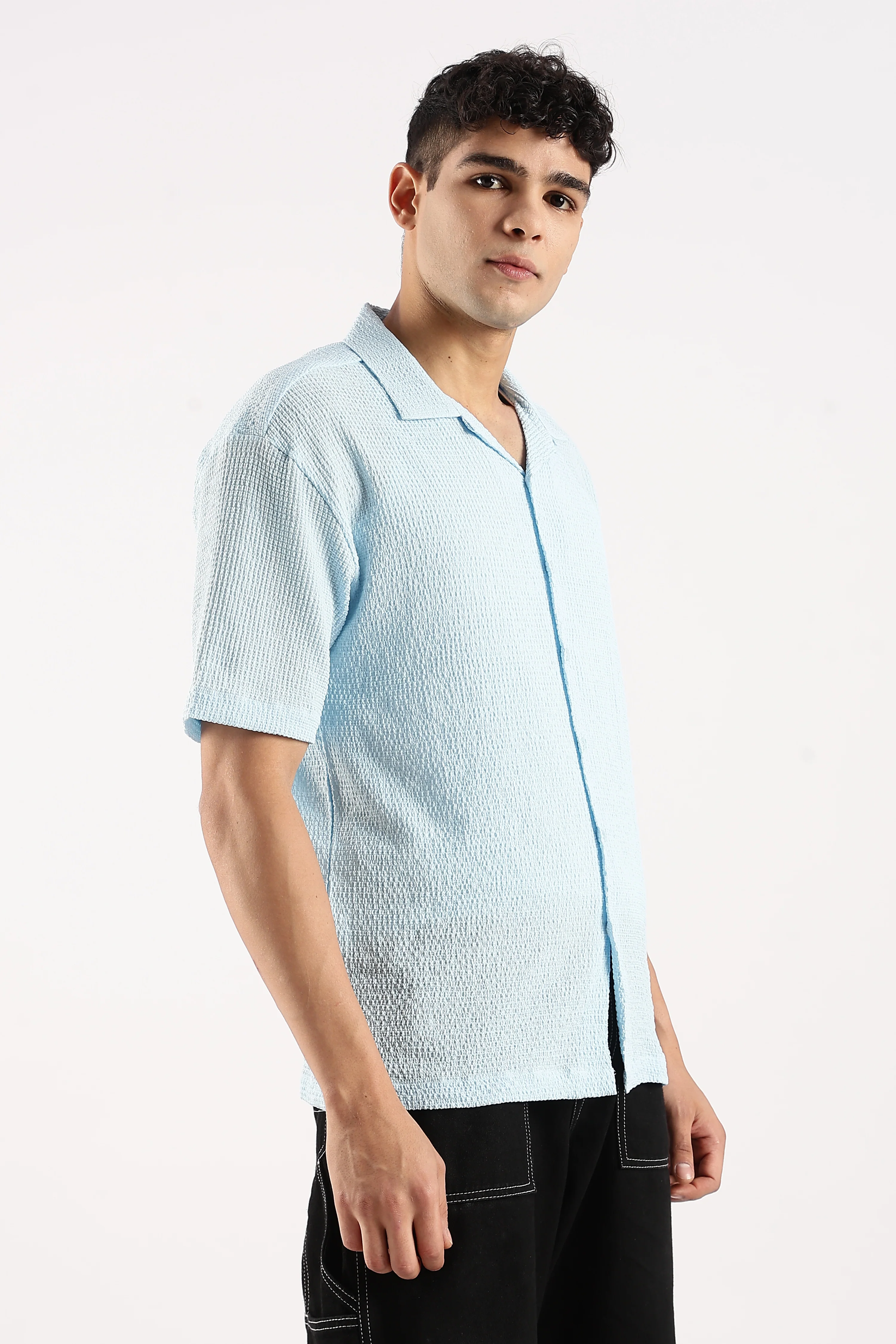 Men Blue Poly Textured Shirt - Image 2