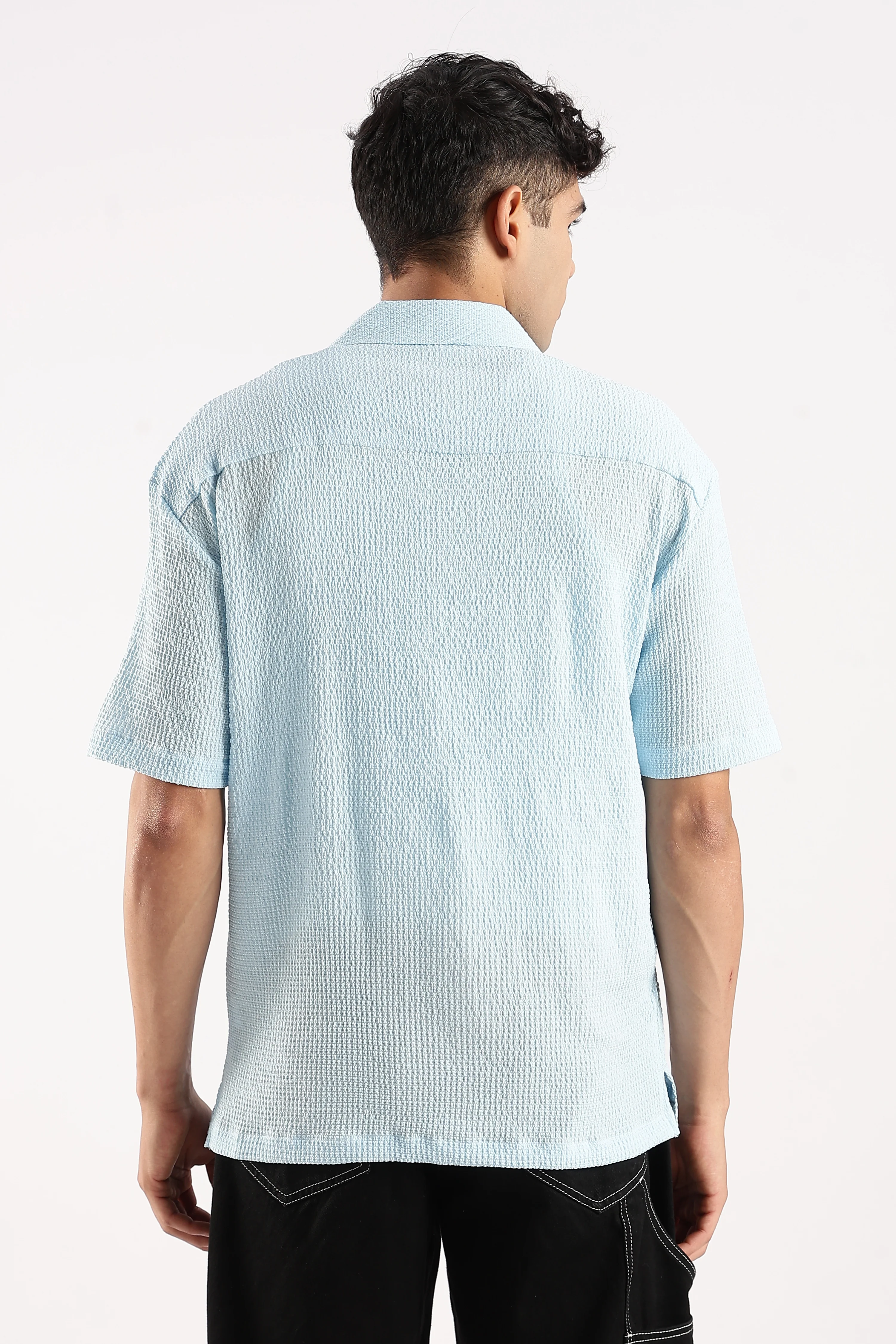 Men Blue Poly Textured Shirt - Image 3