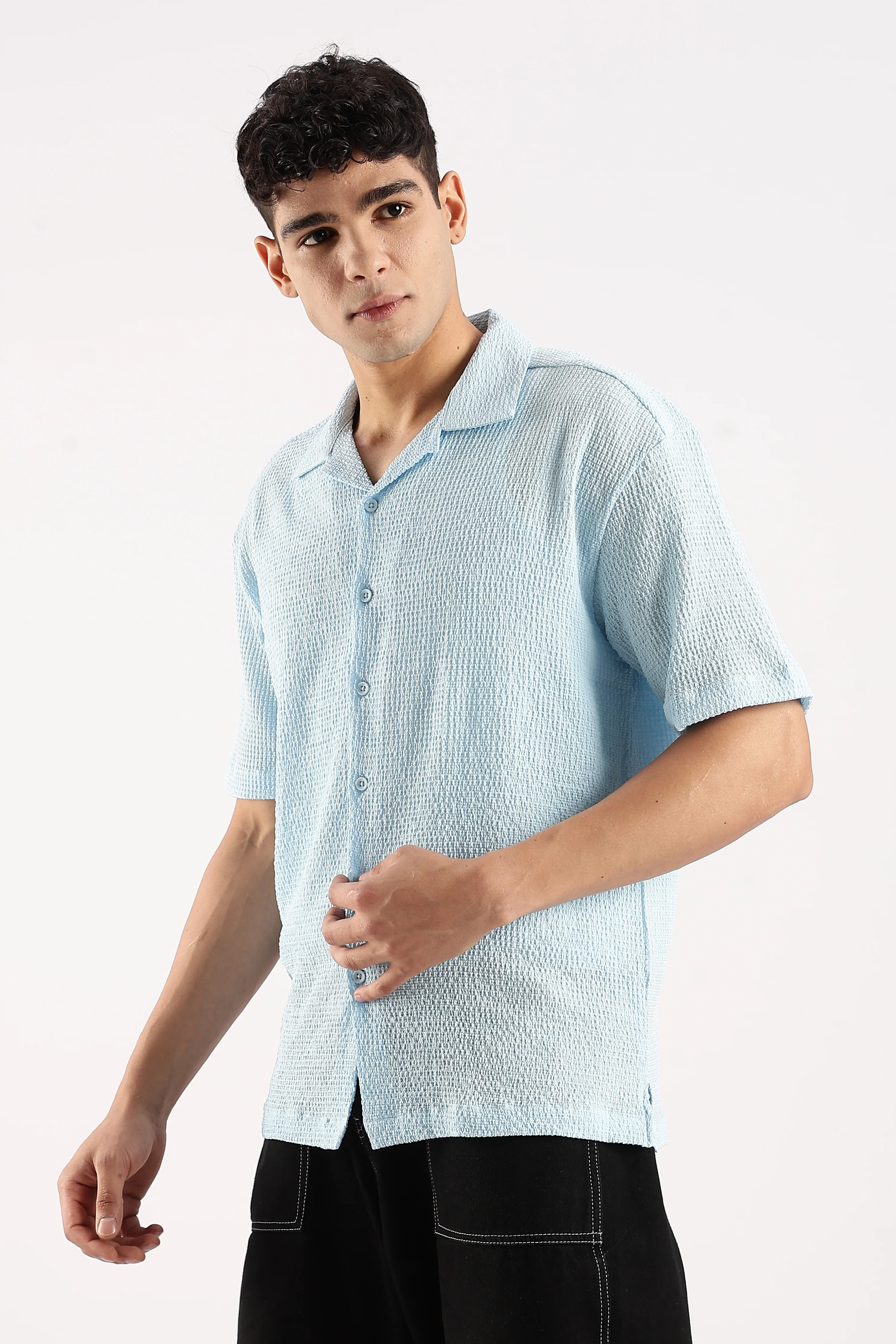 Men Blue Poly Textured Shirt - Image 4