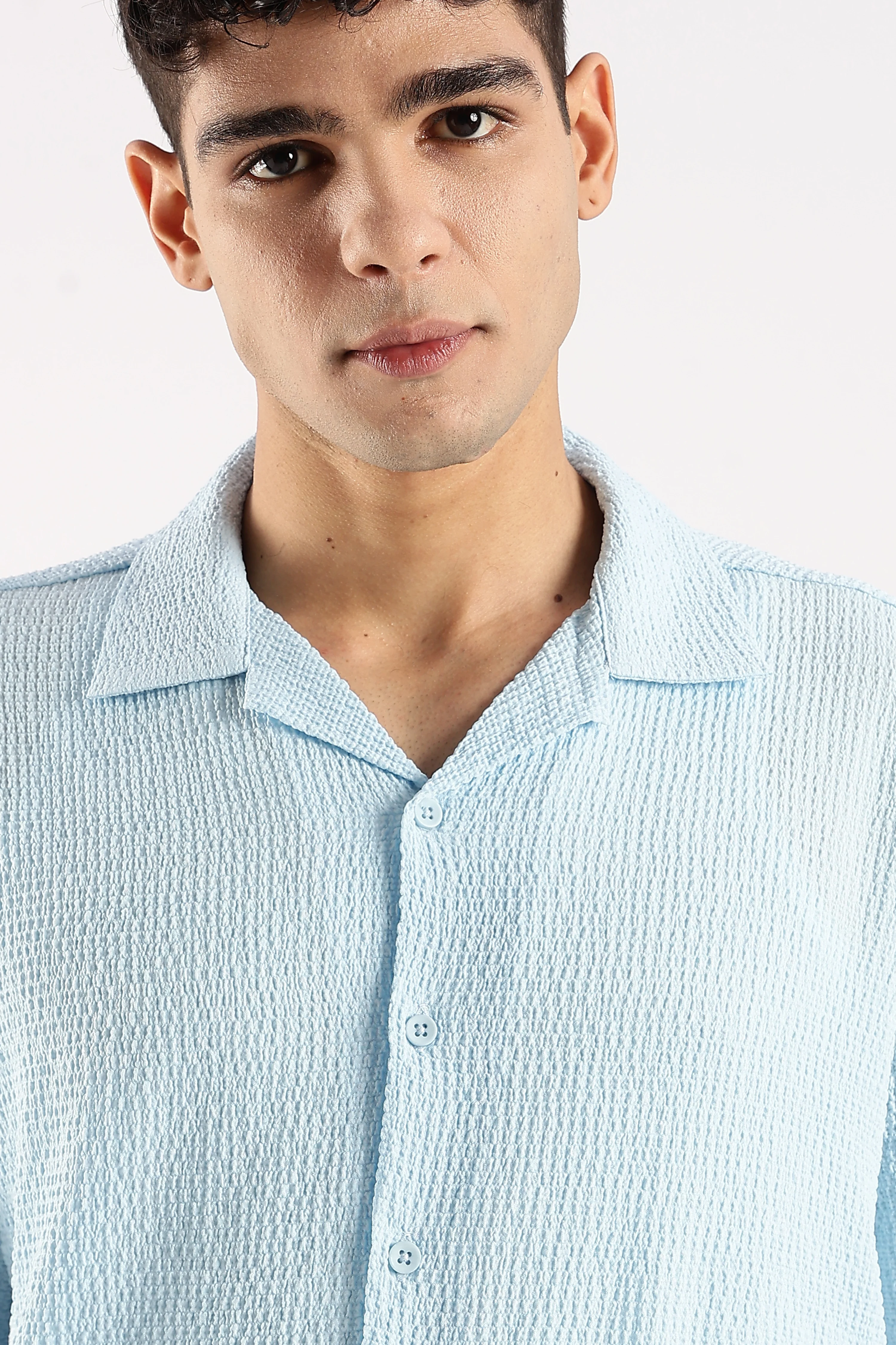 Men Blue Poly Textured Shirt - Image 5