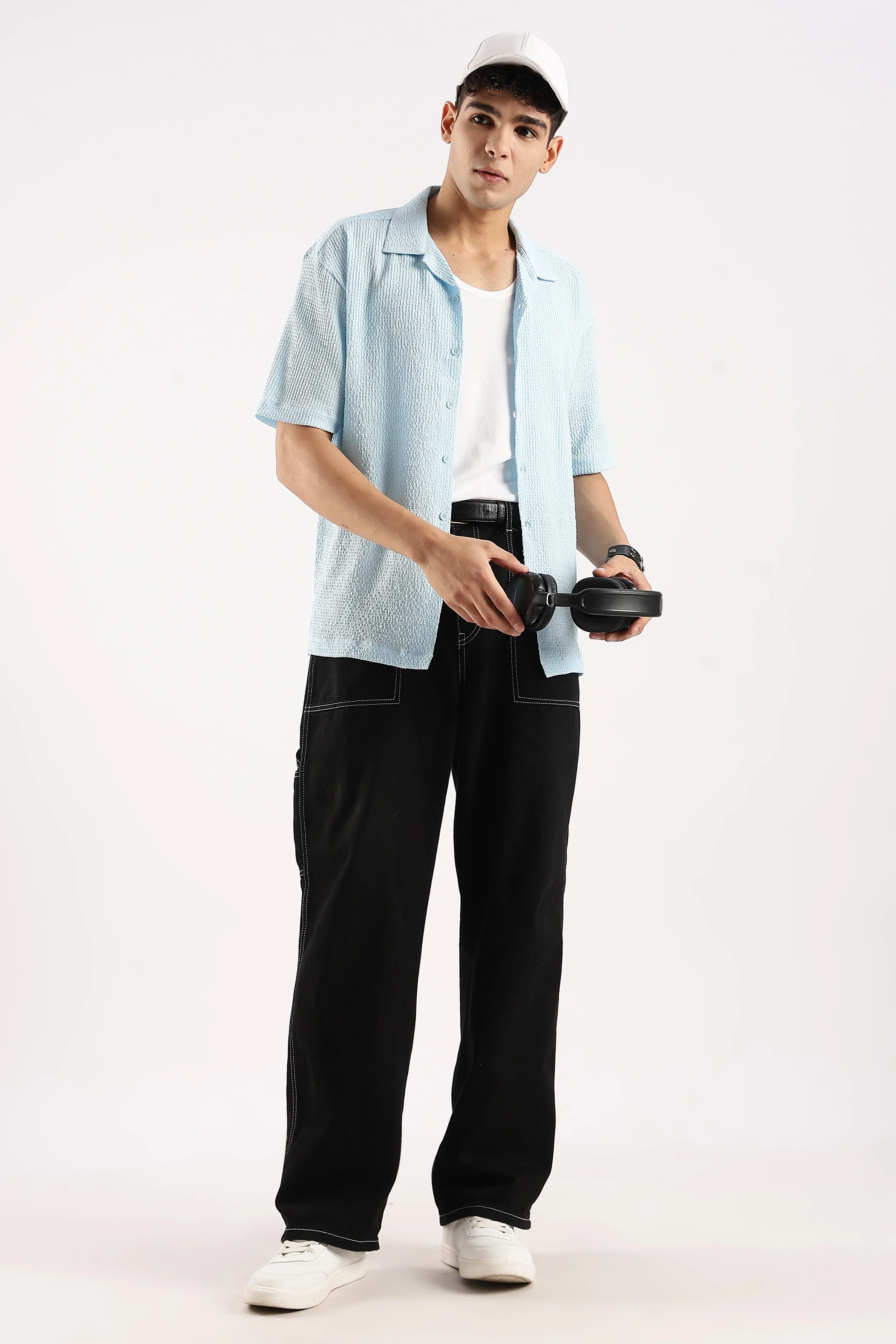 Men Blue Poly Textured Shirt - Image 6
