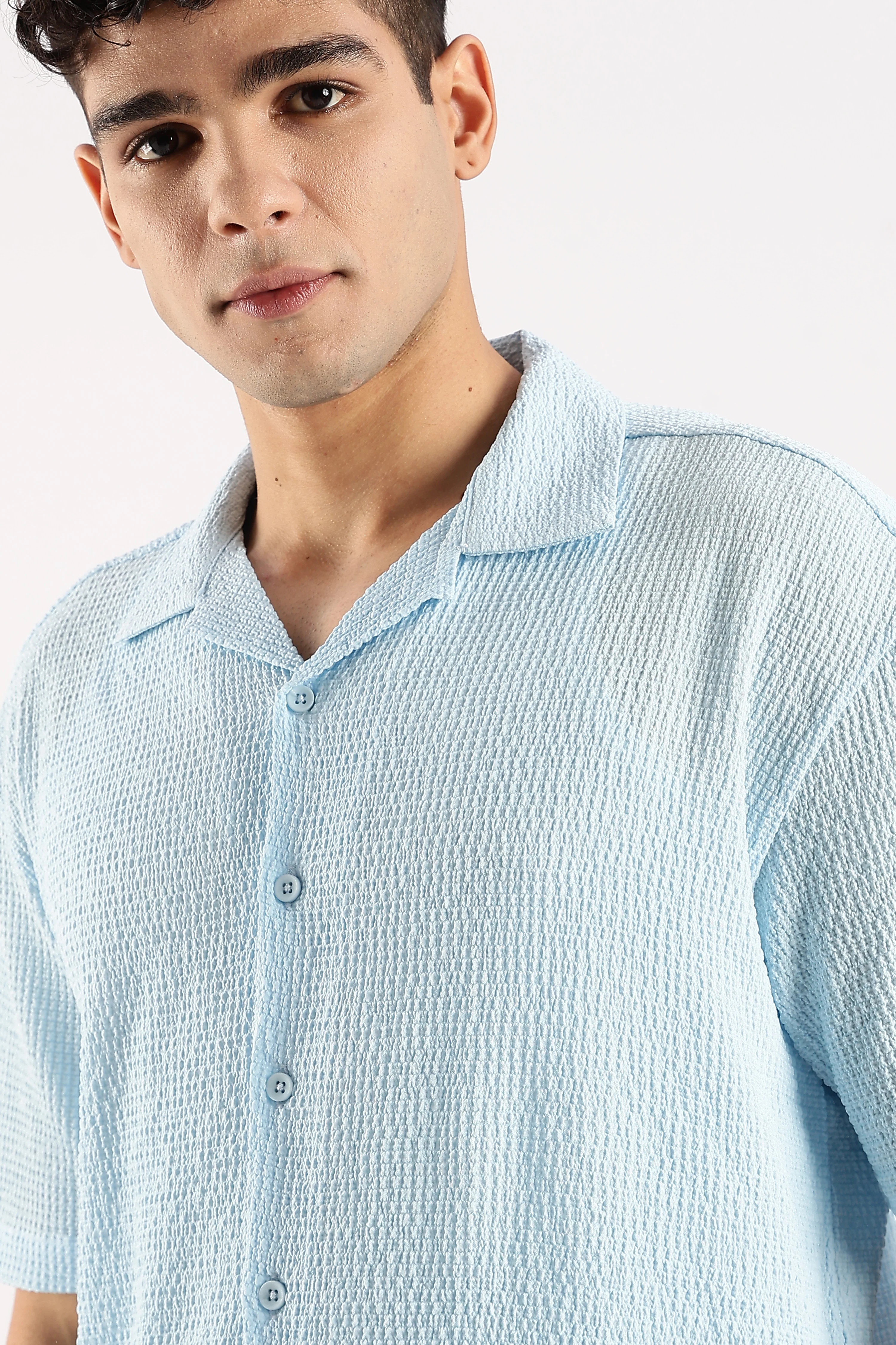 Men Blue Poly Textured Shirt - Image 7