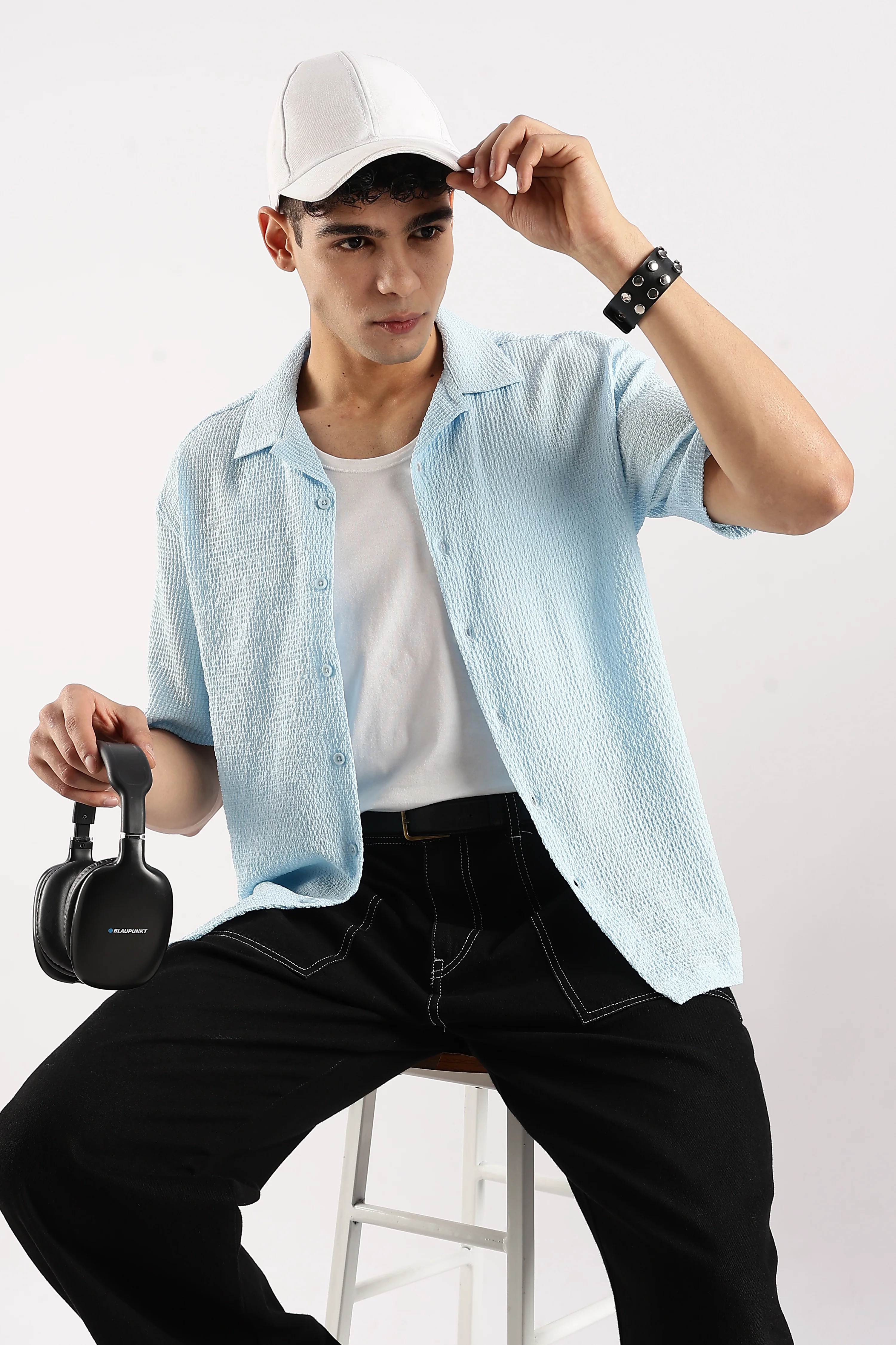 Men Blue Poly Textured Shirt - Image 8