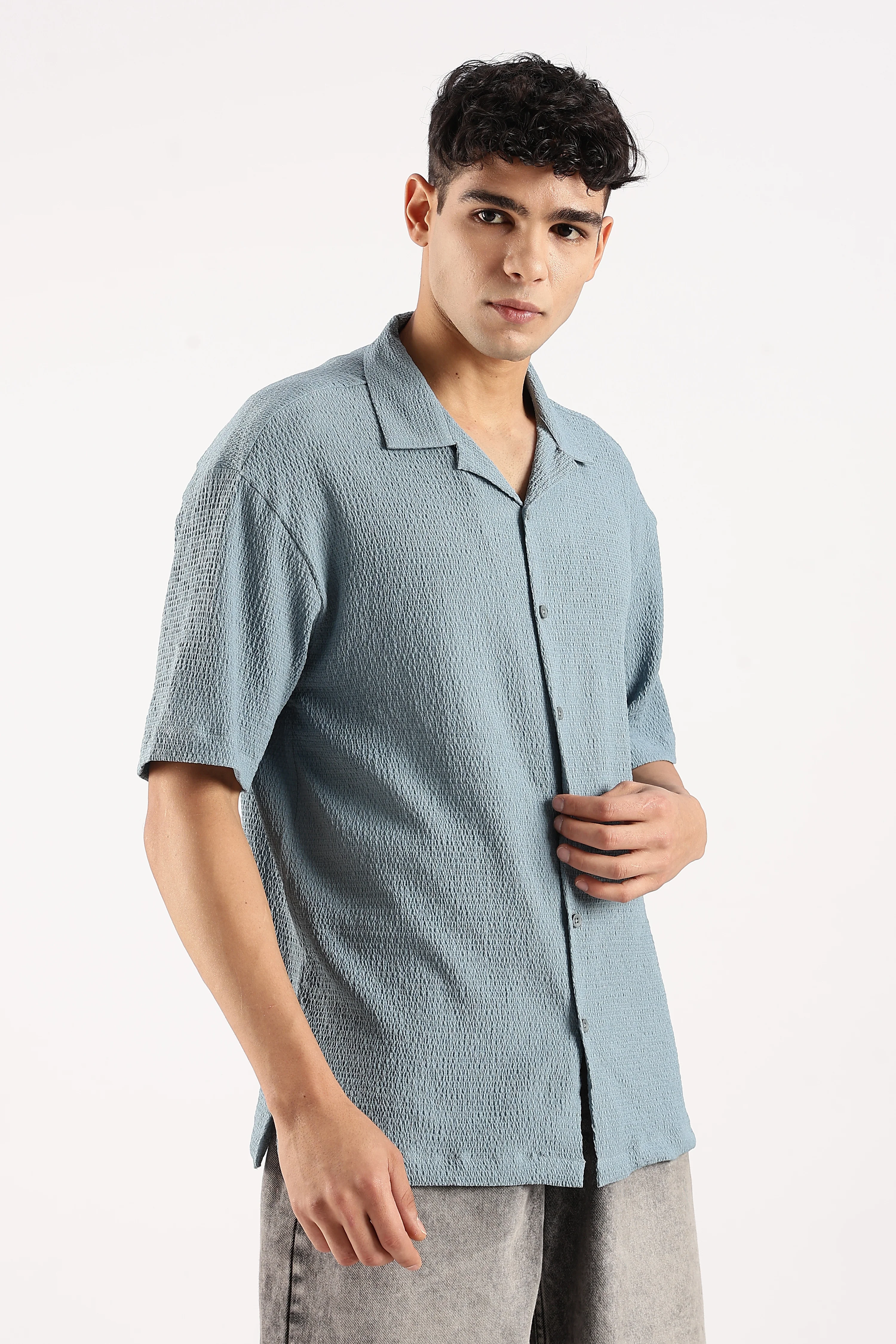 Men Blue Poly Textured Shirt - Image 2