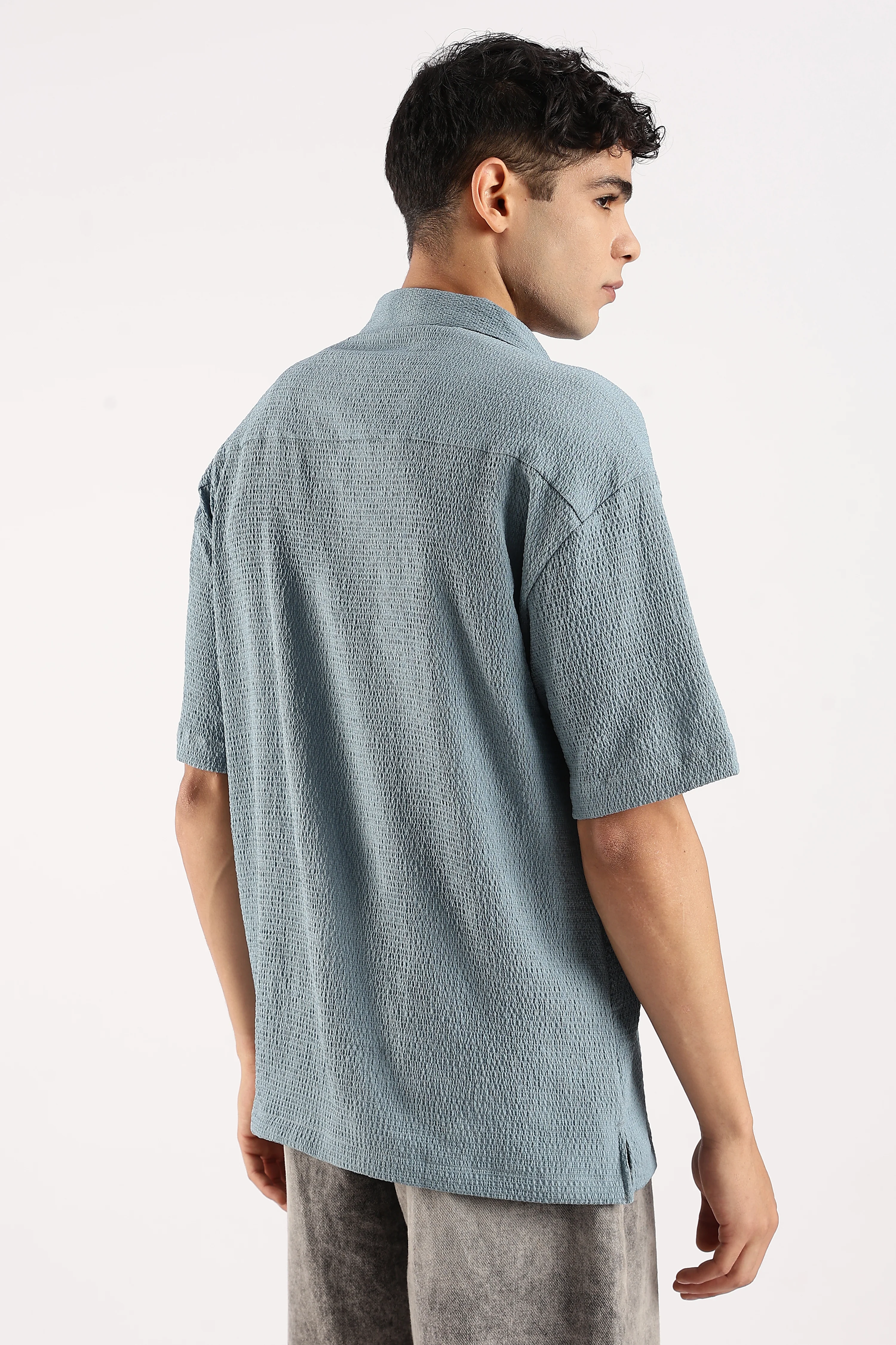 Men Blue Poly Textured Shirt - Image 3