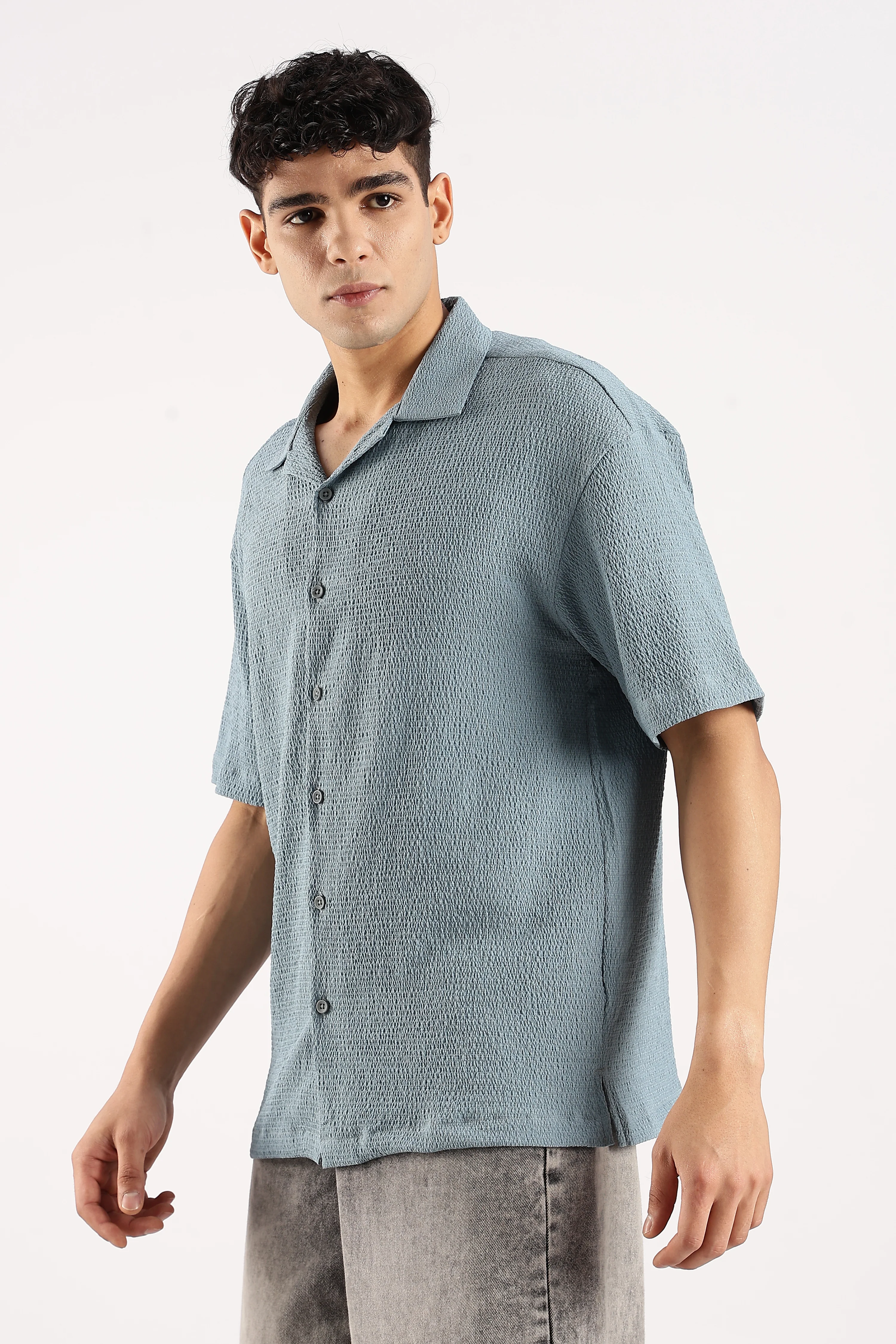 Men Blue Poly Textured Shirt - Image 4