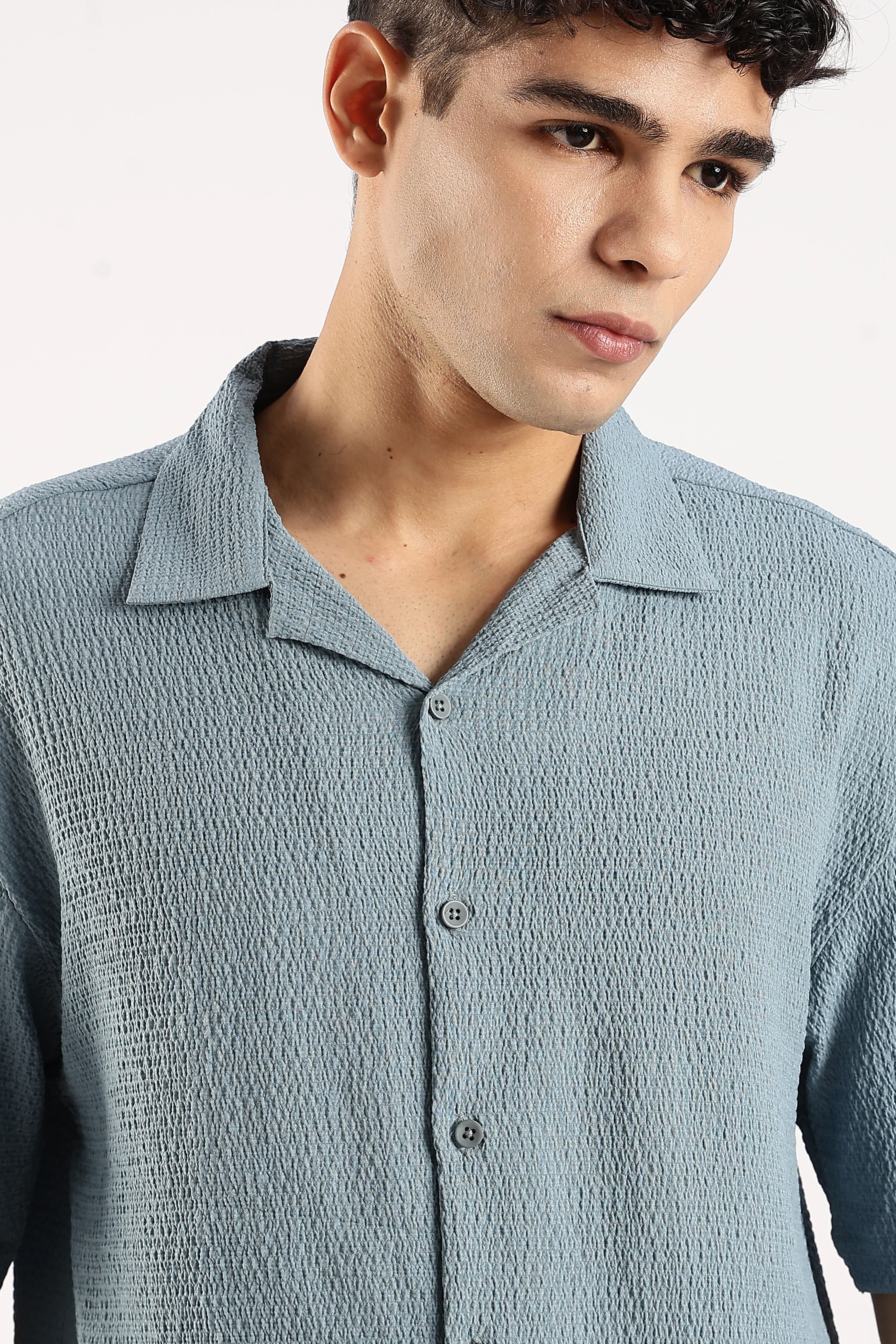 Men Blue Poly Textured Shirt - Image 5