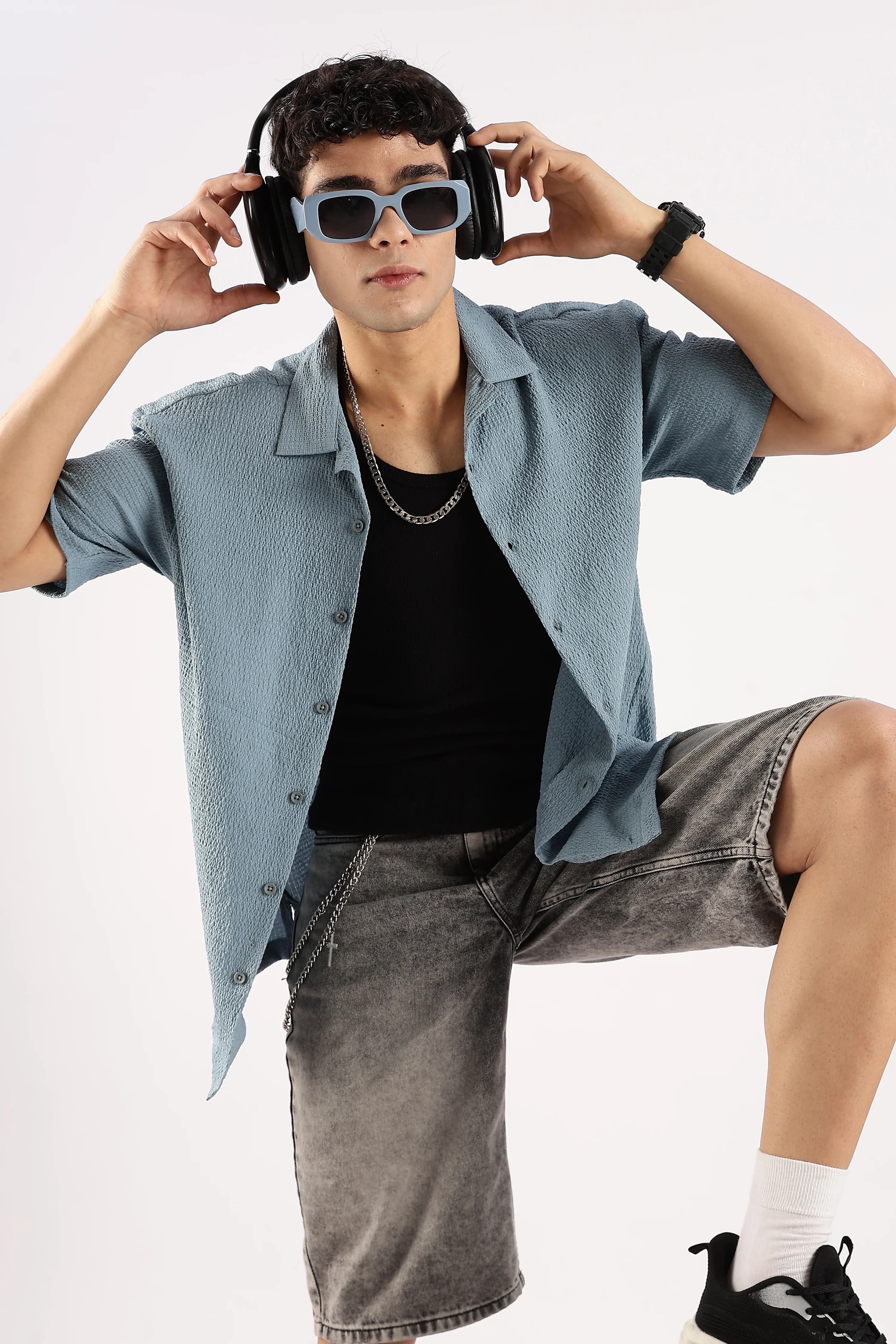Men Blue Poly Textured Shirt - Image 6