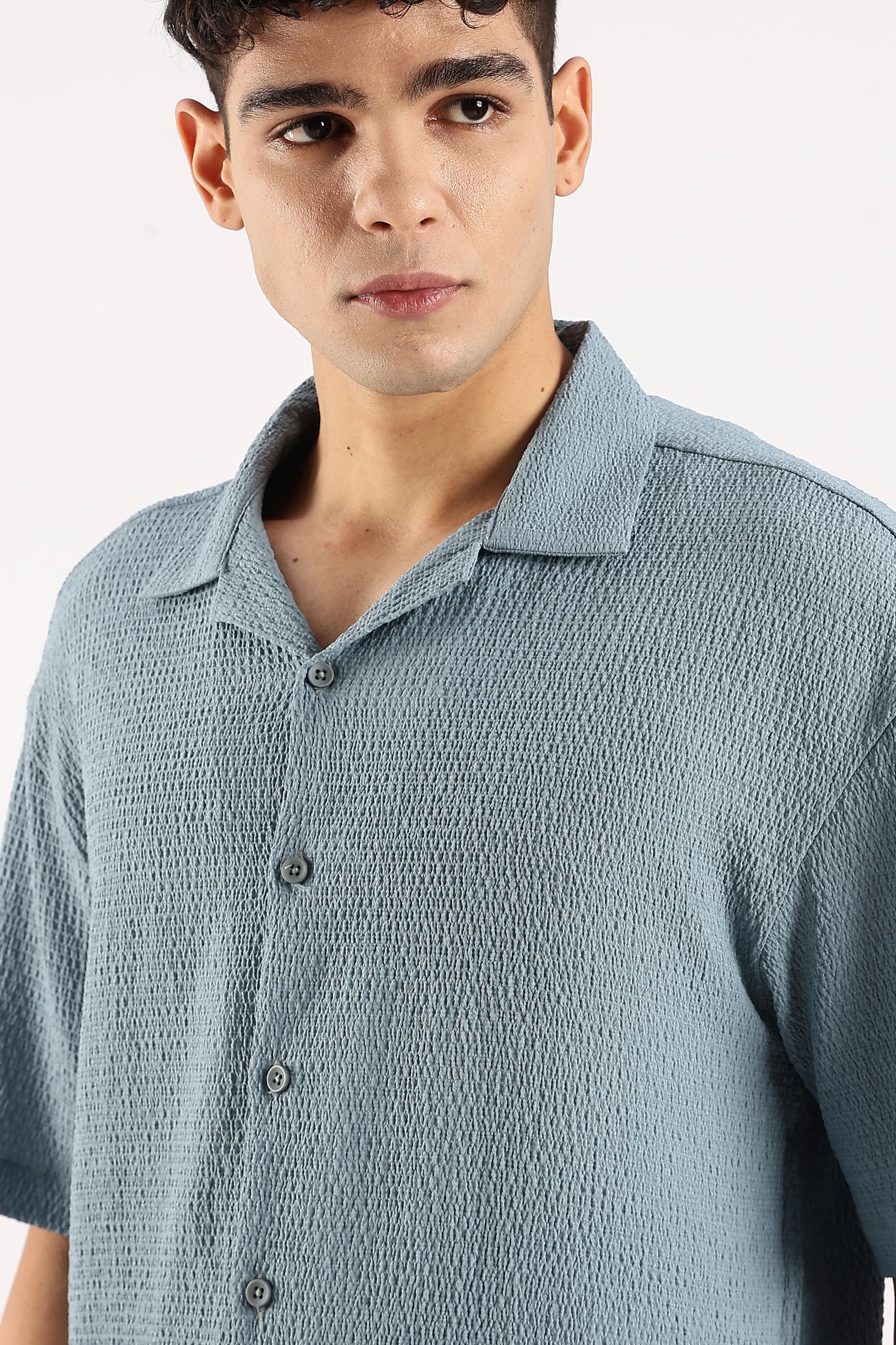 Men Blue Poly Textured Shirt - Image 7