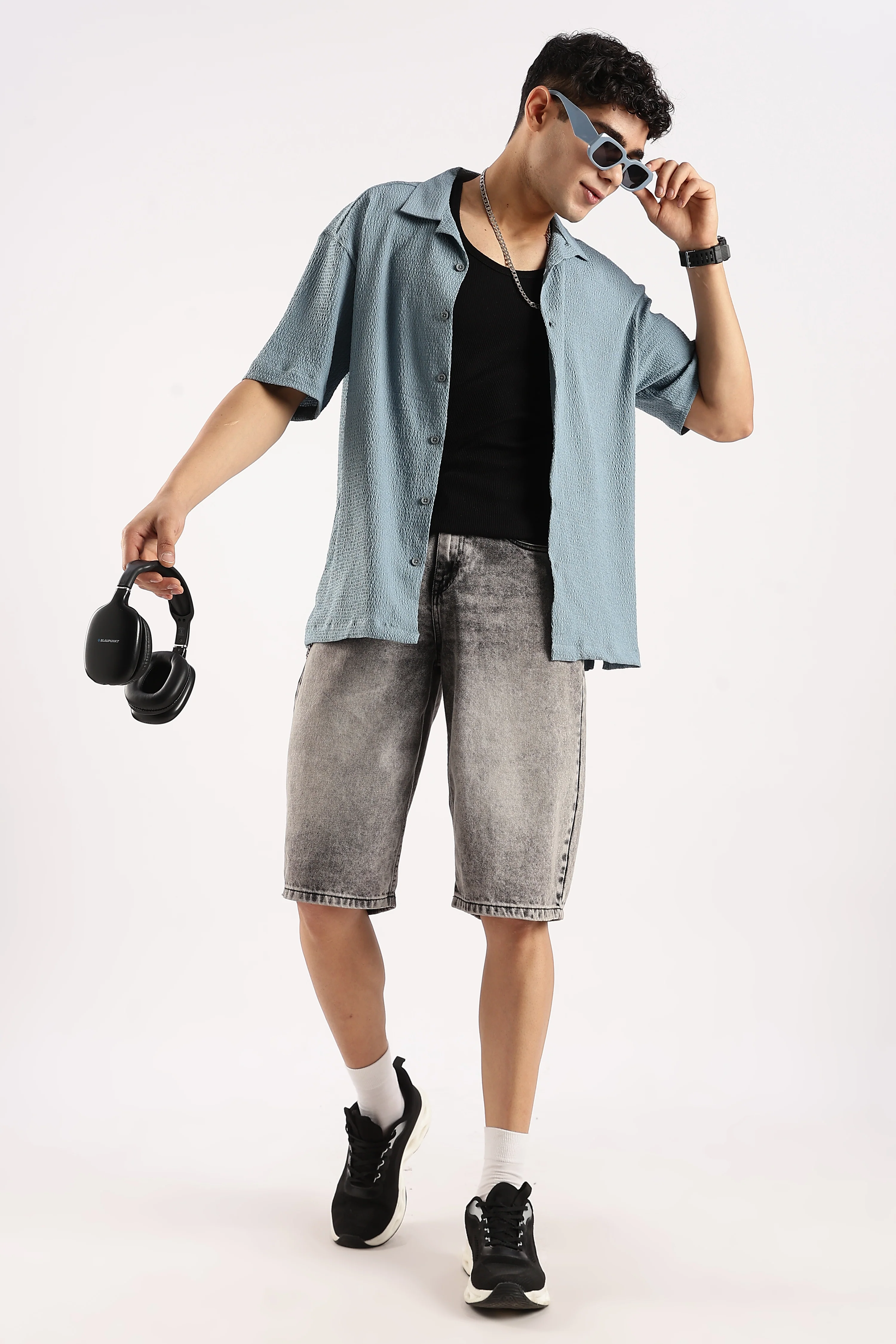Men Blue Poly Textured Shirt - Image 9