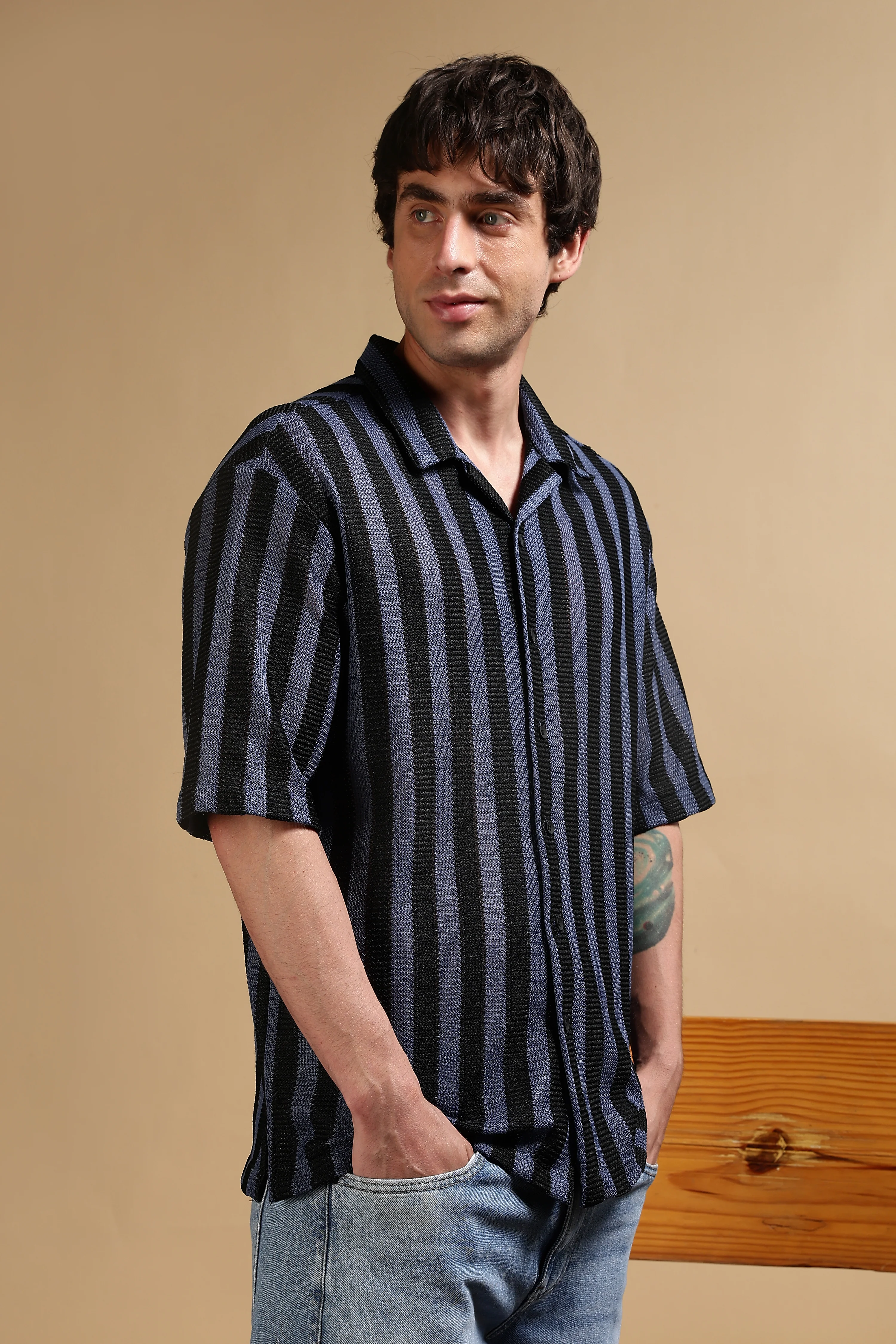 Men Blue Polyester Croatia Striped Shirt - Image 3