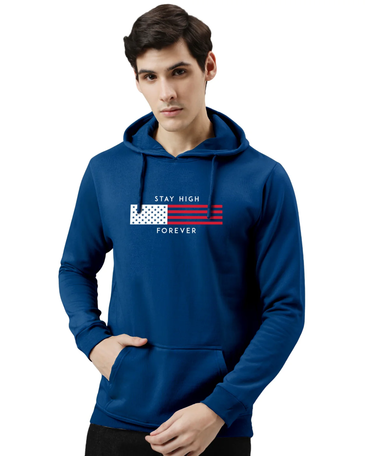 Men Blue Printed Cotton Hoodie - Image 2