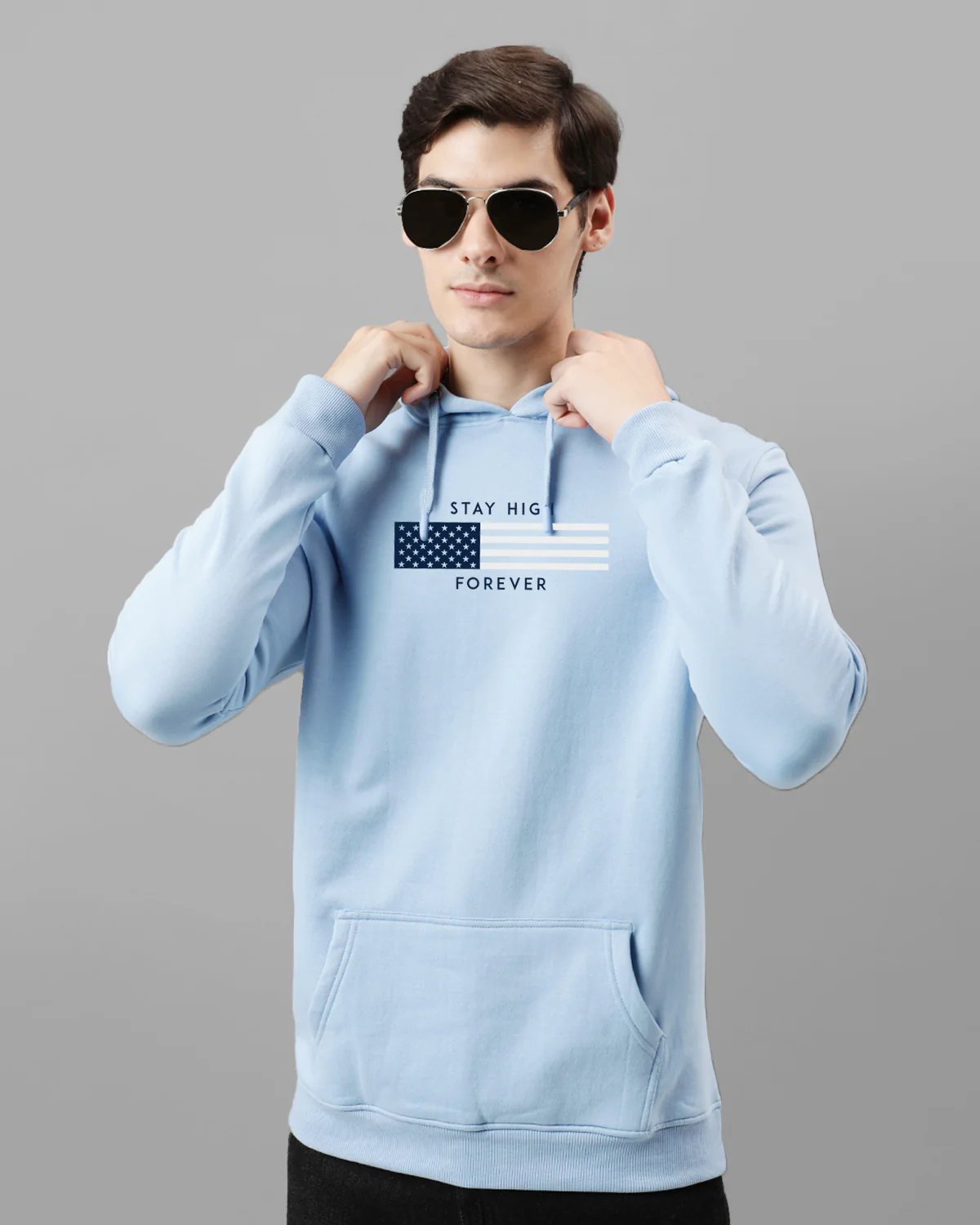 Men Blue Printed Cotton Hoodie - Image 3