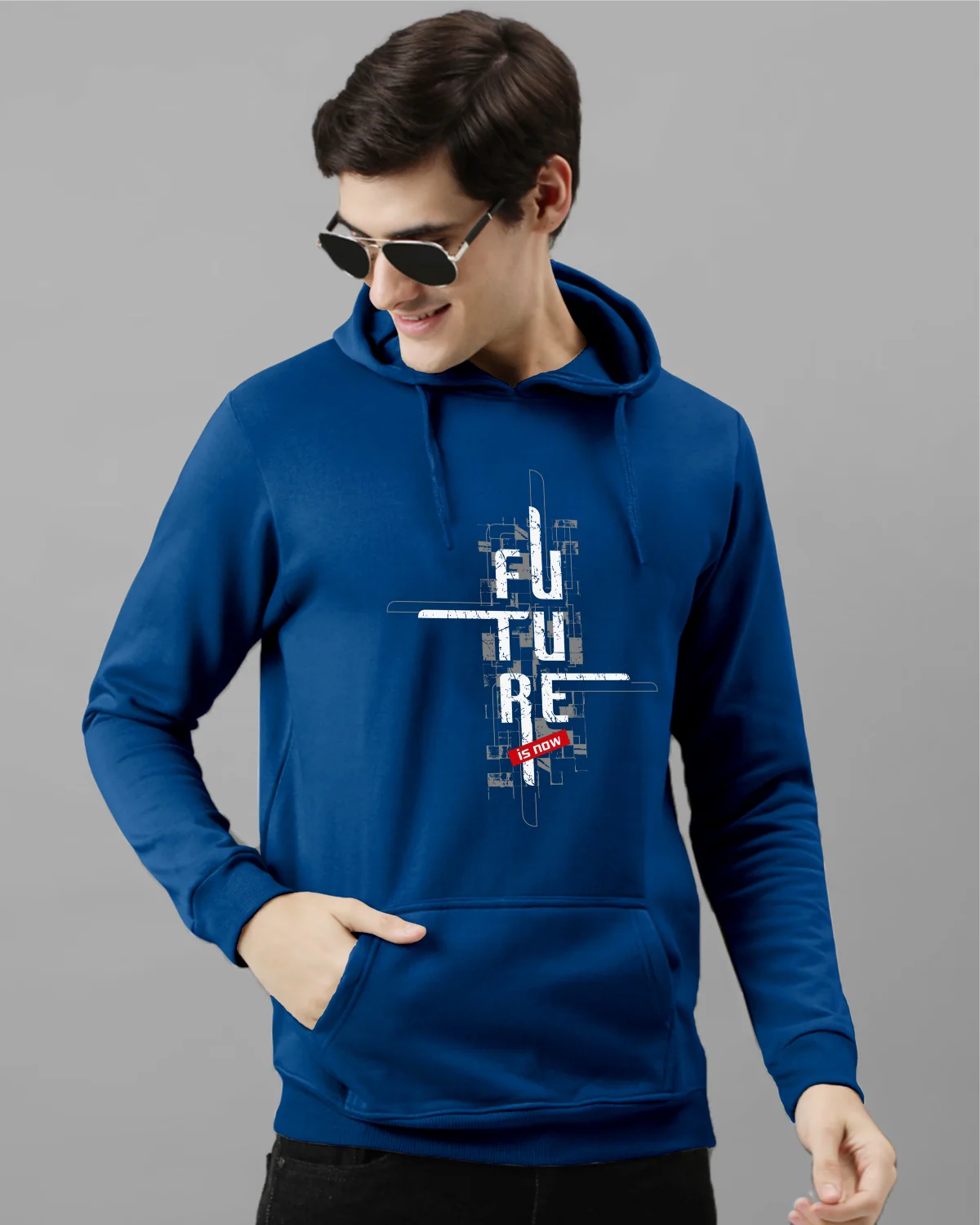 Men Blue Printed Cotton Hoodie - Image 3