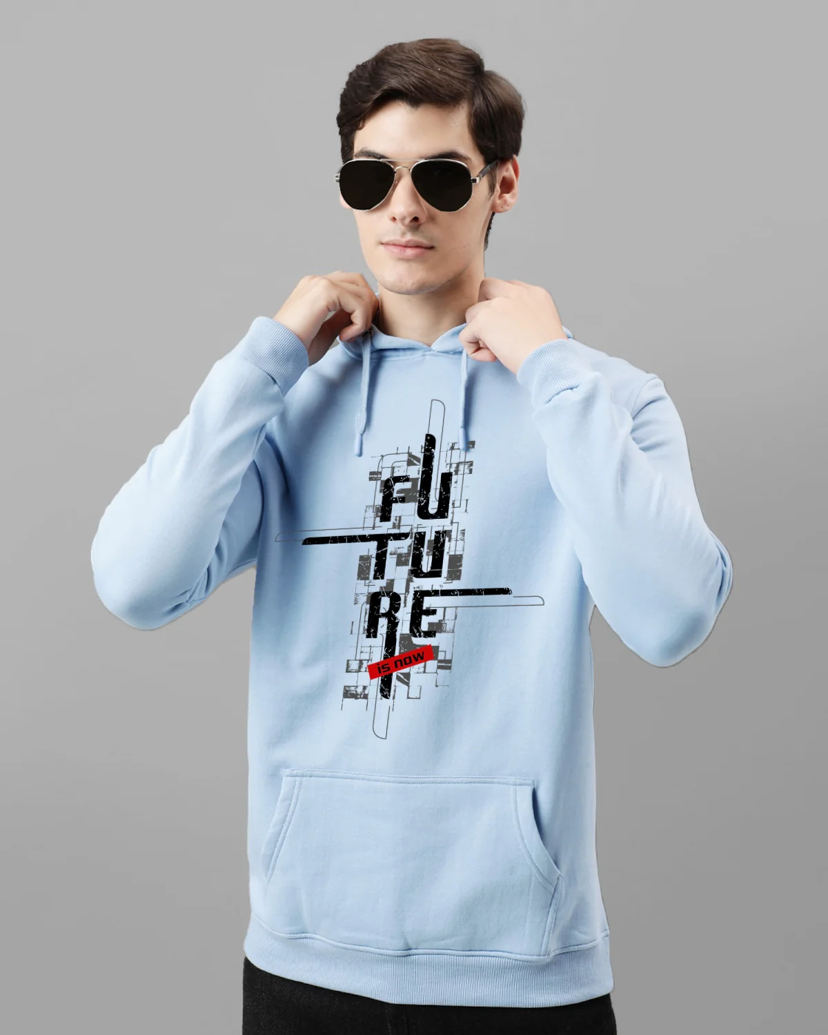 Men Blue Printed Cotton Hoodie - Image 3