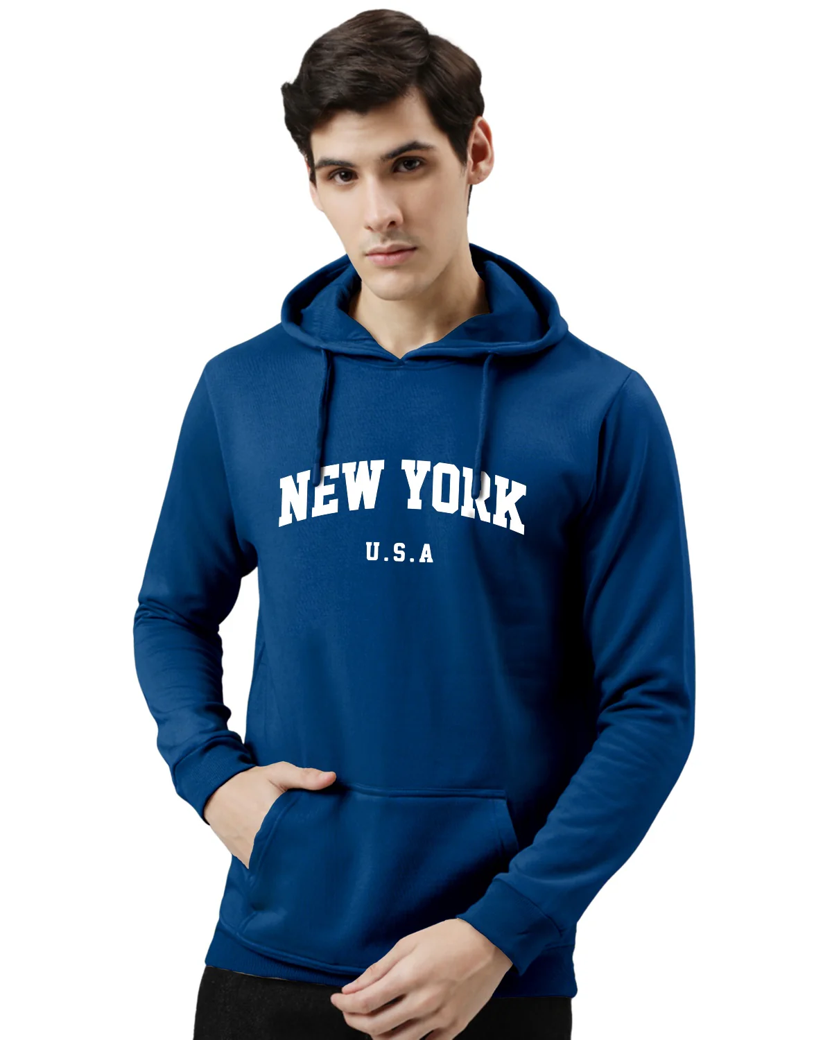 Men Blue Printed Cotton Hoodie - Image 2