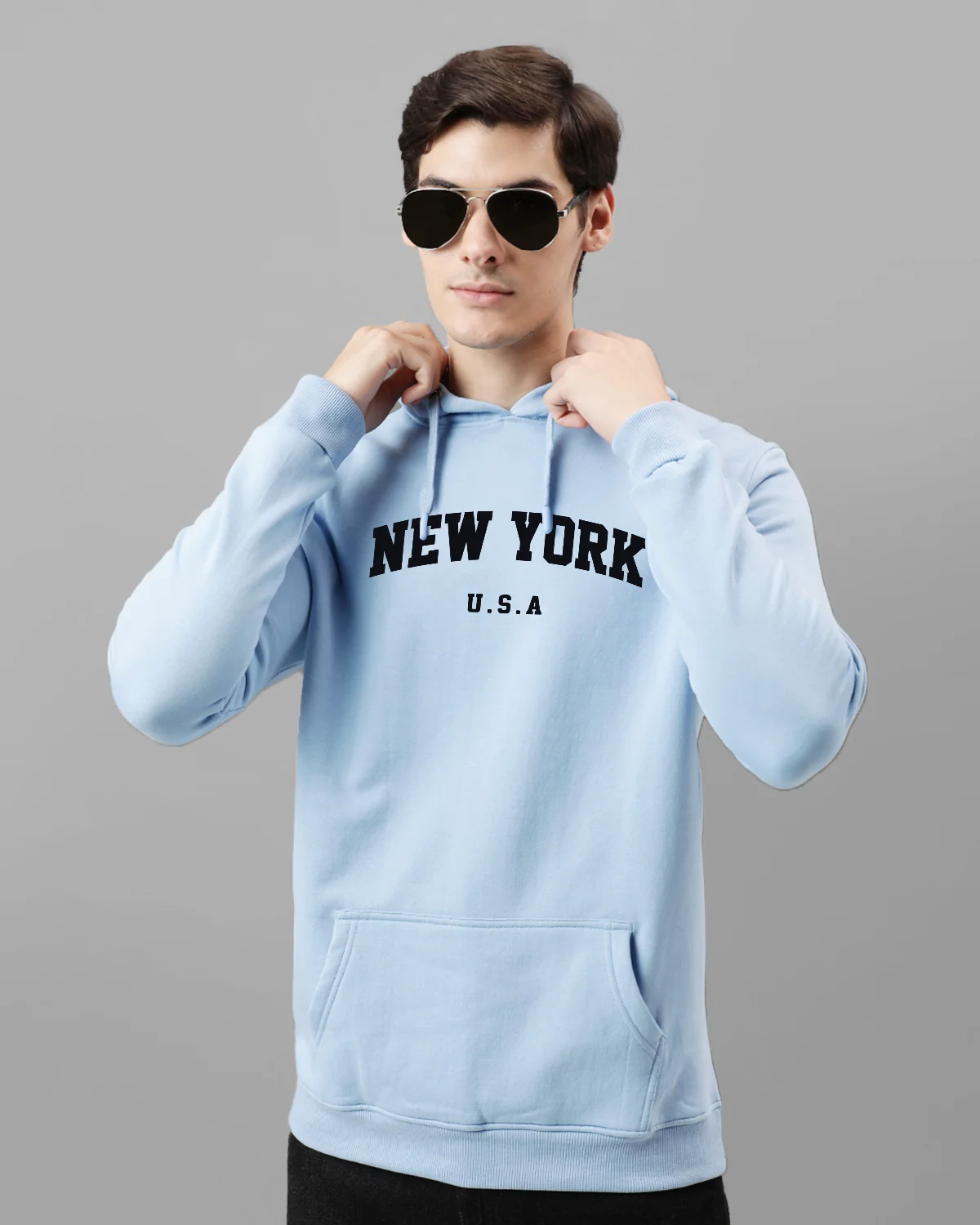 Men Blue Printed Cotton Hoodie - Image 3