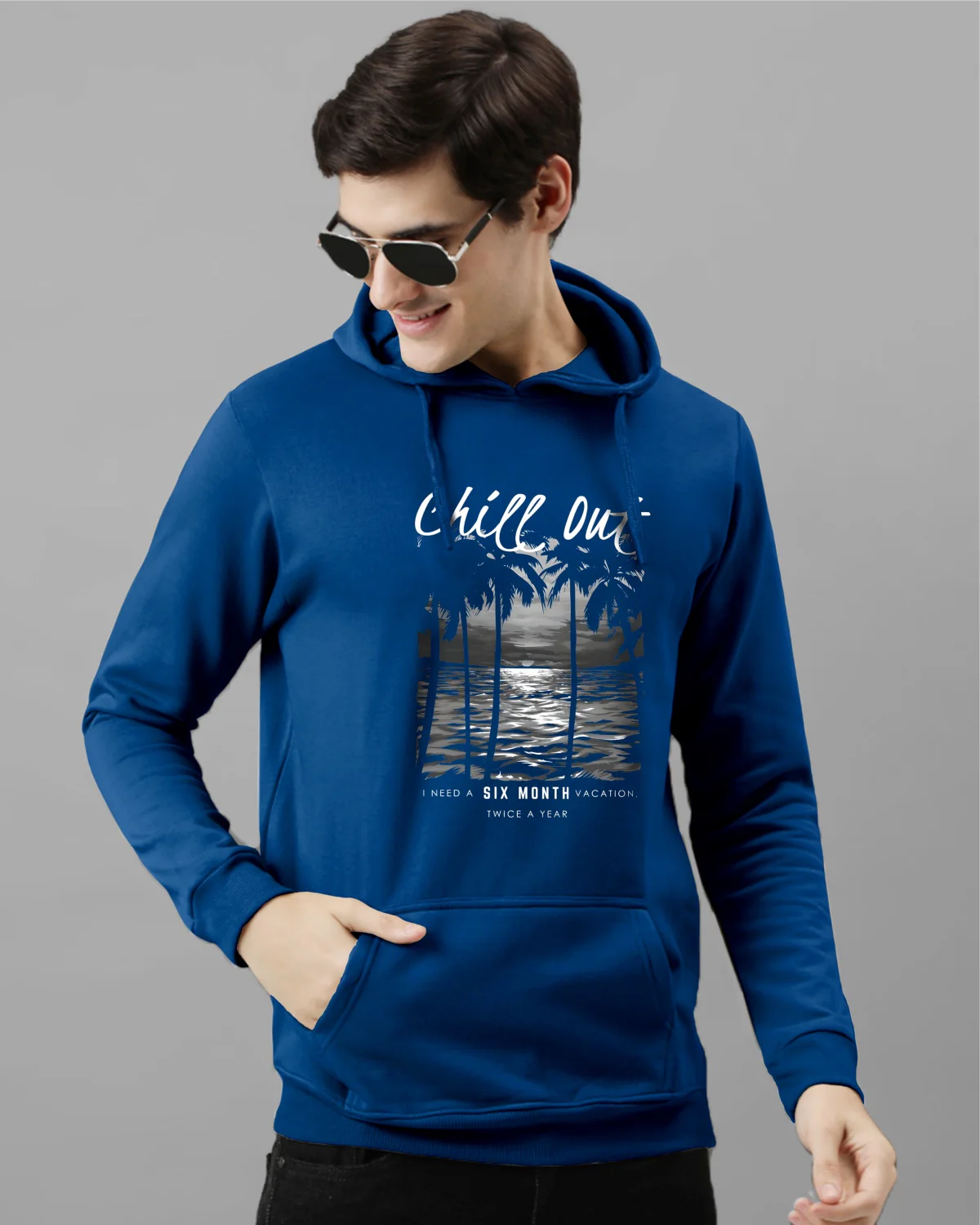 Men Blue Printed Hoodie - Image 2