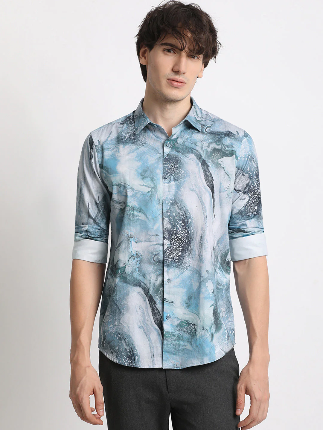 Men Blue Printed Slim Fit Cotton Casual Shirt - Image 2