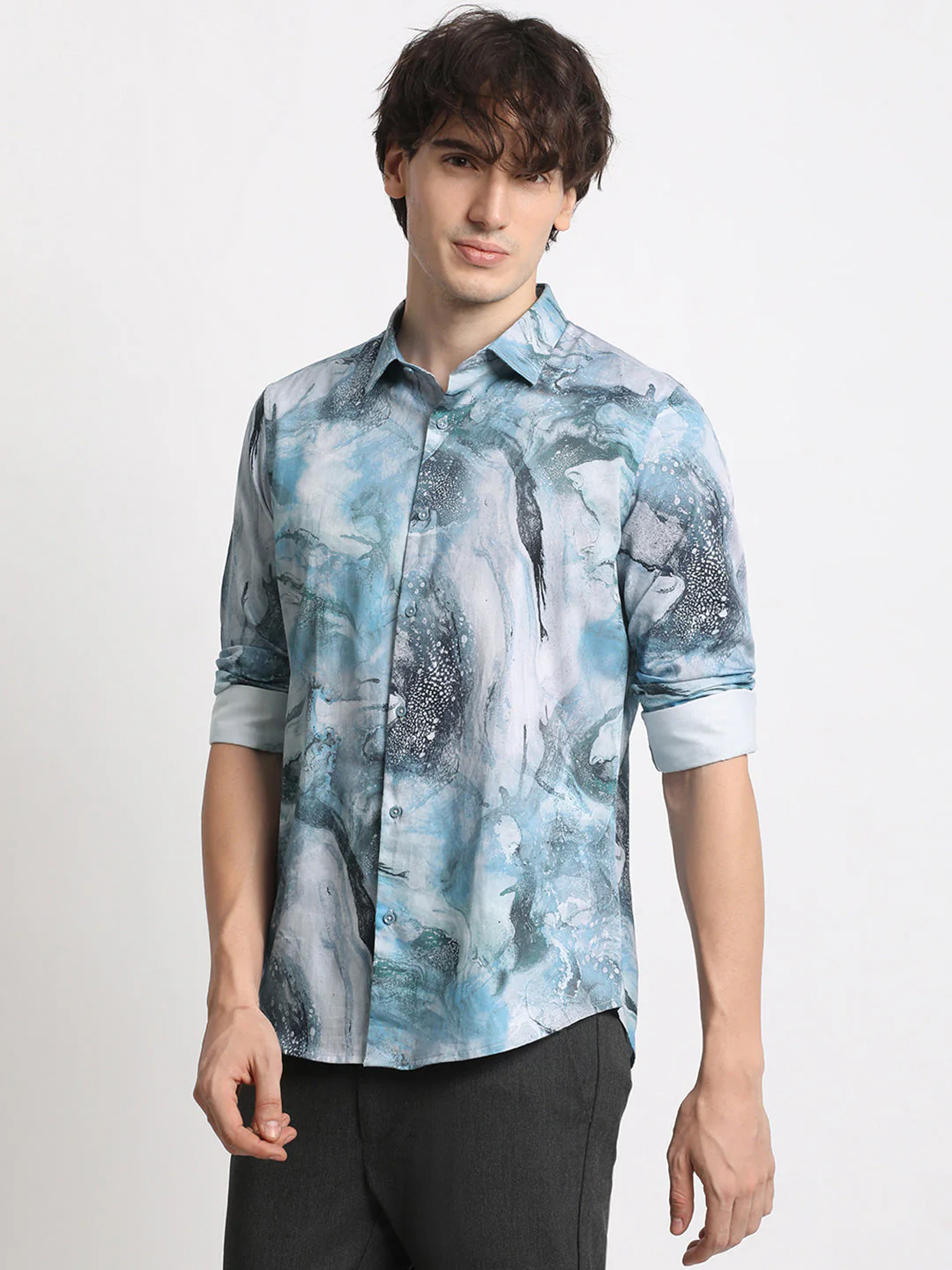 Men Blue Printed Slim Fit Cotton Casual Shirt - Image 3