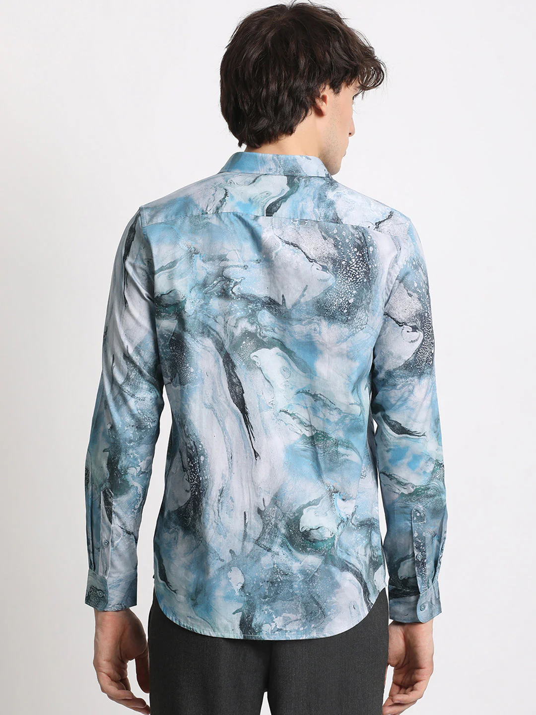 Men Blue Printed Slim Fit Cotton Casual Shirt - Image 4