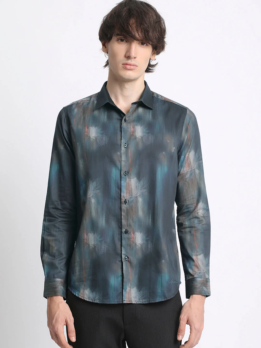 Men Blue Printed Slim Fit Cotton Casual Shirt - Image 2