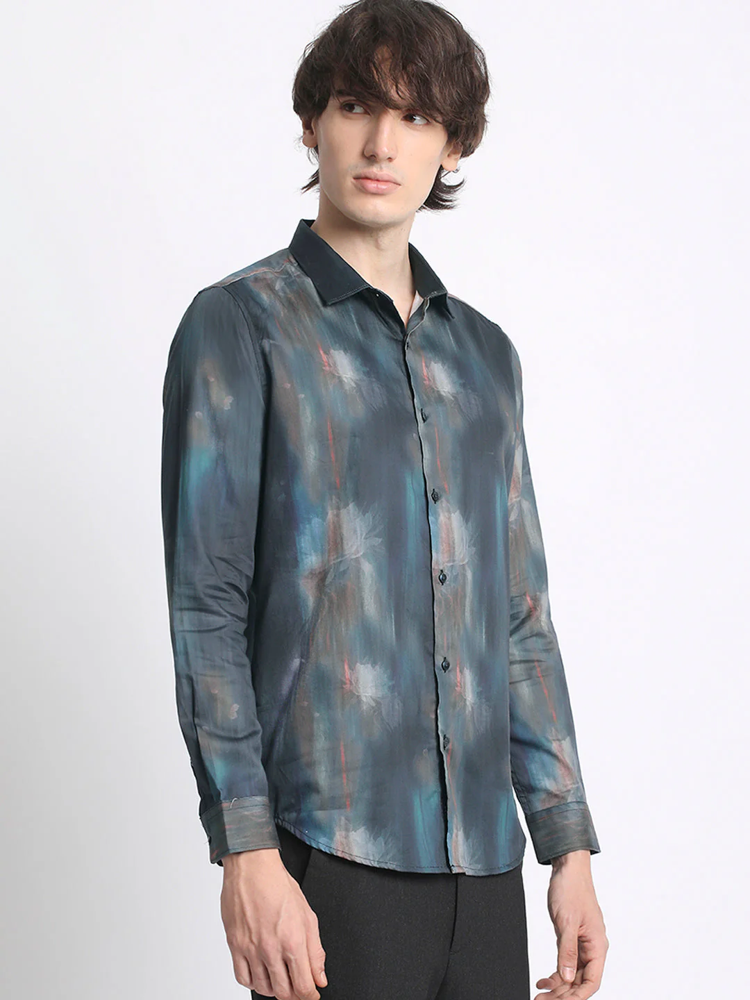 Men Blue Printed Slim Fit Cotton Casual Shirt - Image 3