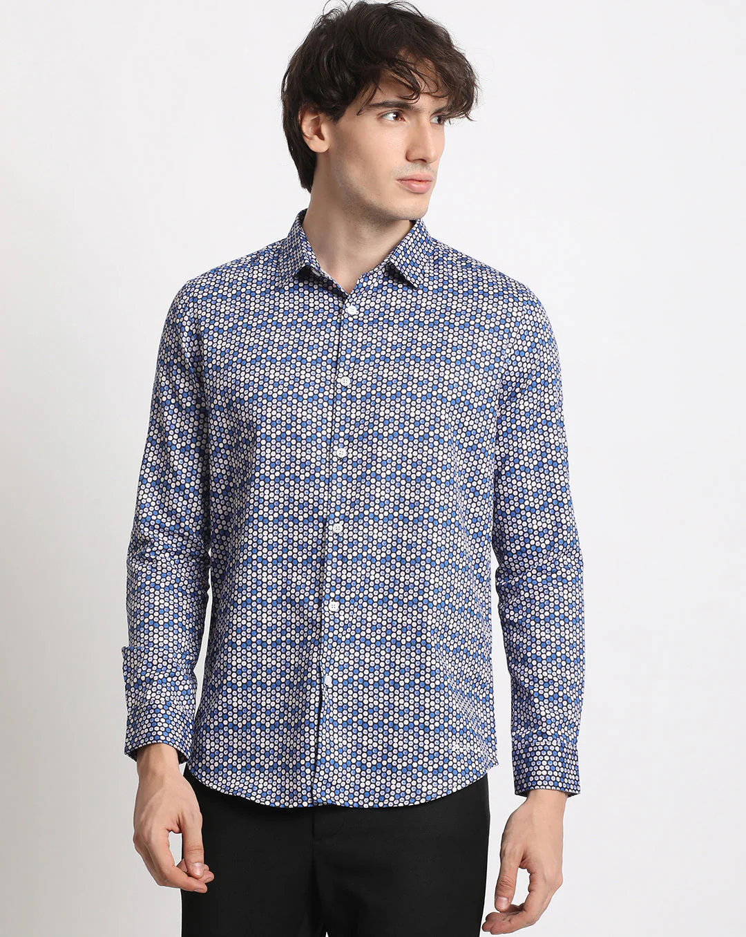 Men Blue Printed Slim Fit Cotton Casual Shirt - Image 2