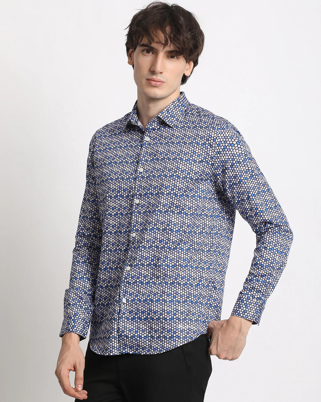 Men Blue Printed Slim Fit Cotton Casual Shirt - Image 3