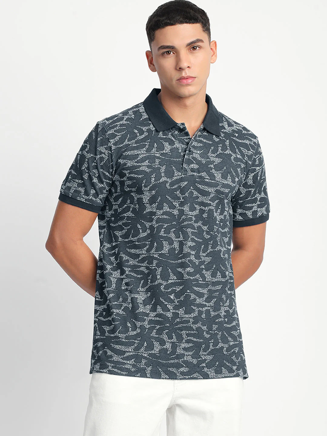 Men Blue Printed Slim Fit Polo T-Shirt - Image 2