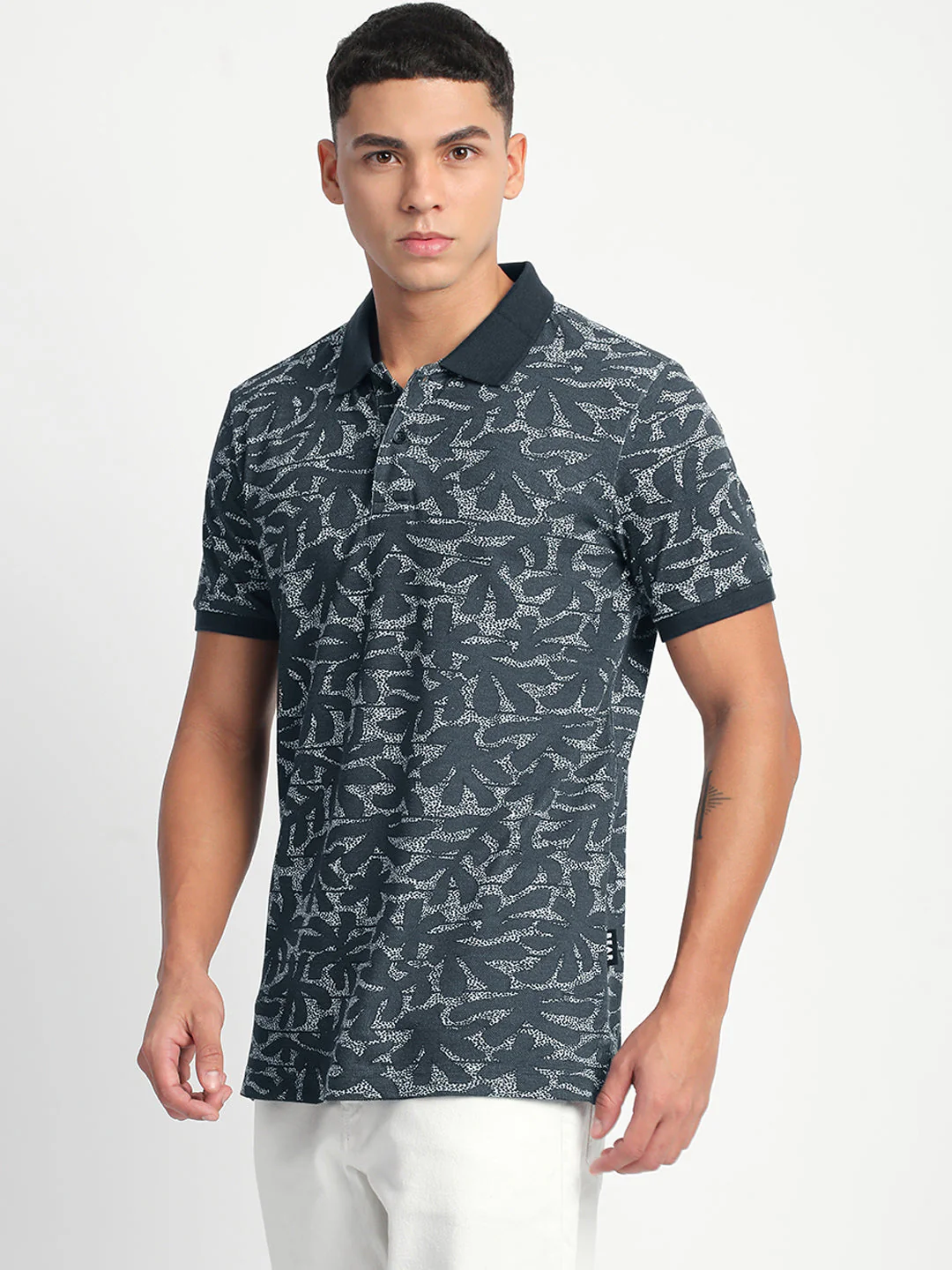 Men Blue Printed Slim Fit Polo T-Shirt - Image 3