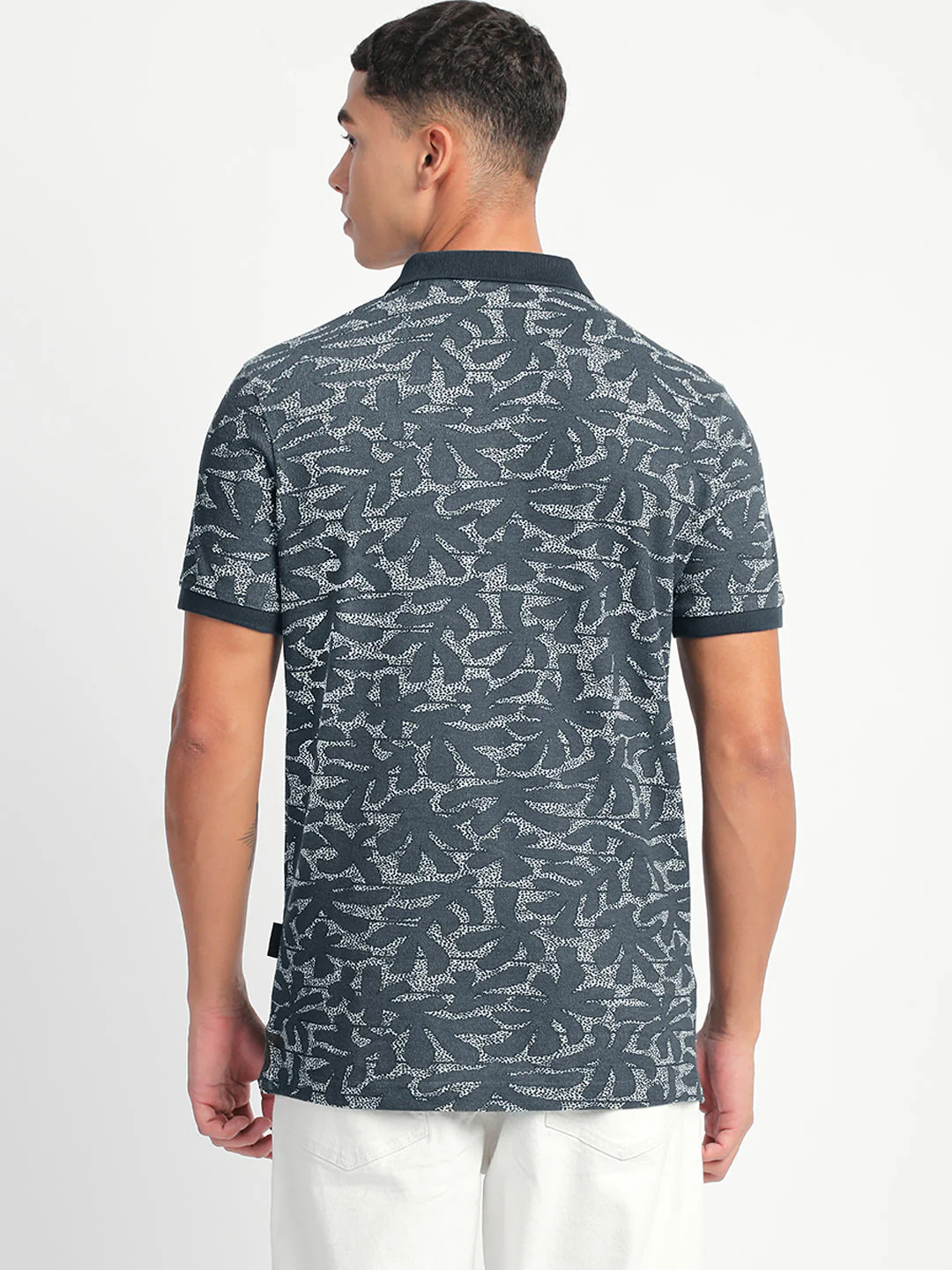 Men Blue Printed Slim Fit Polo T-Shirt - Image 4
