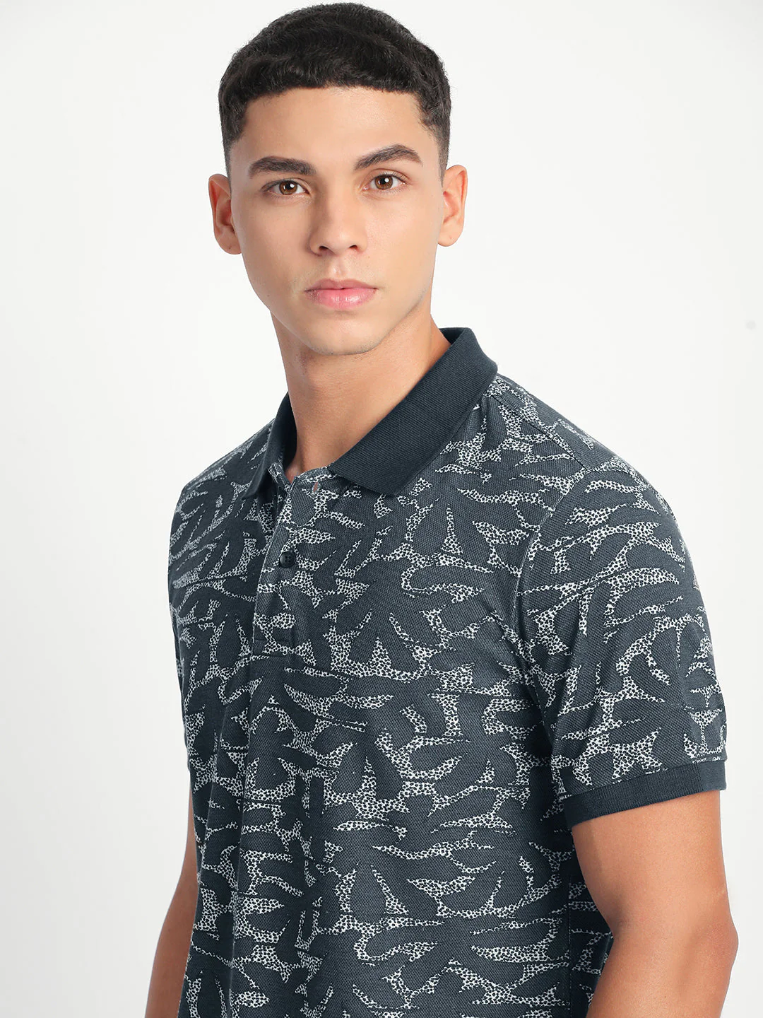 Men Blue Printed Slim Fit Polo T-Shirt - Image 6