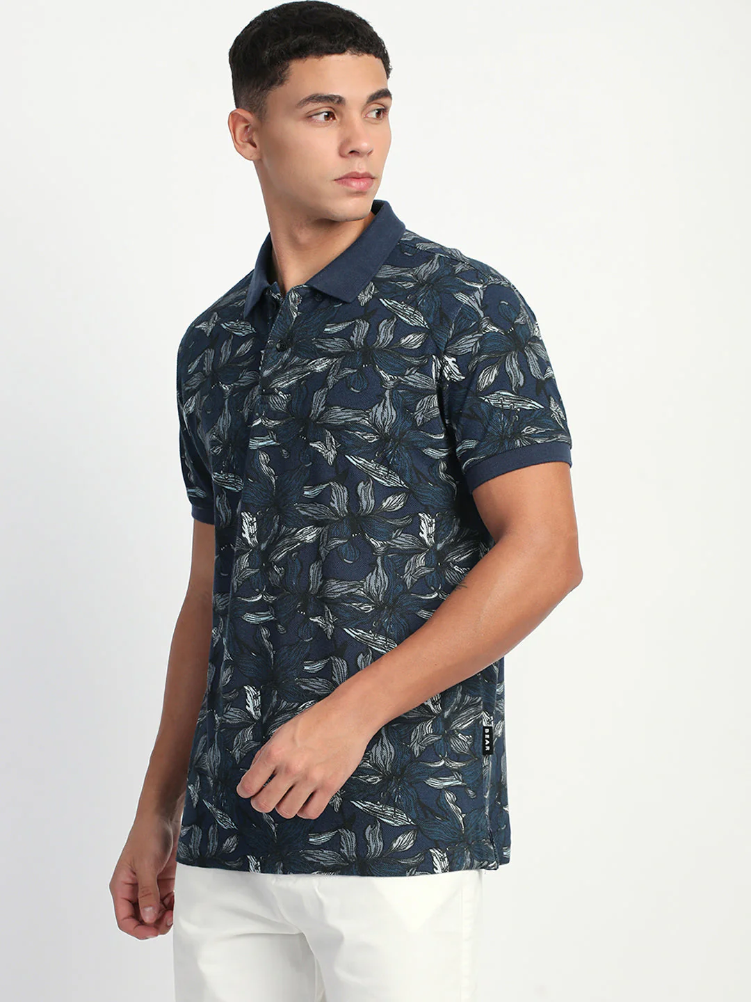 Men Blue Printed Slim Fit Polo T-Shirt - Image 3