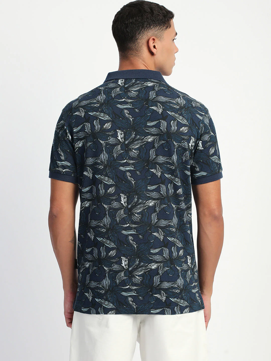 Men Blue Printed Slim Fit Polo T-Shirt - Image 4