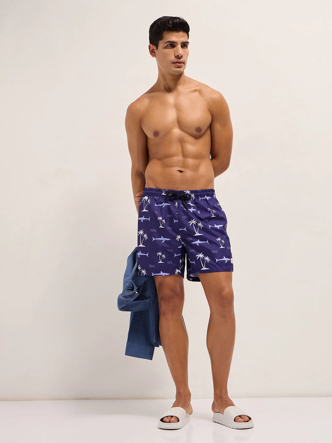 Men Blue Printed Swim Shorts - Image 4