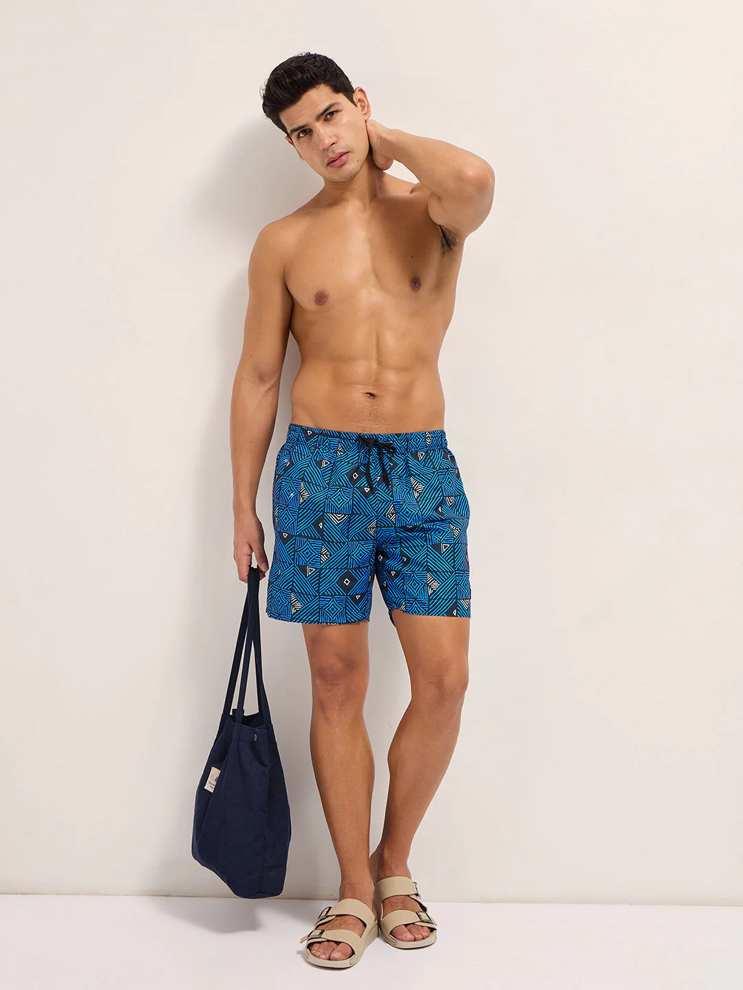 Men Blue Printed Swim Shorts - Image 4