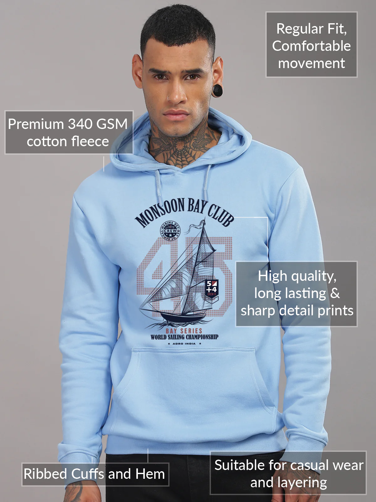 Men Blue Printed Hoodie - Image 3