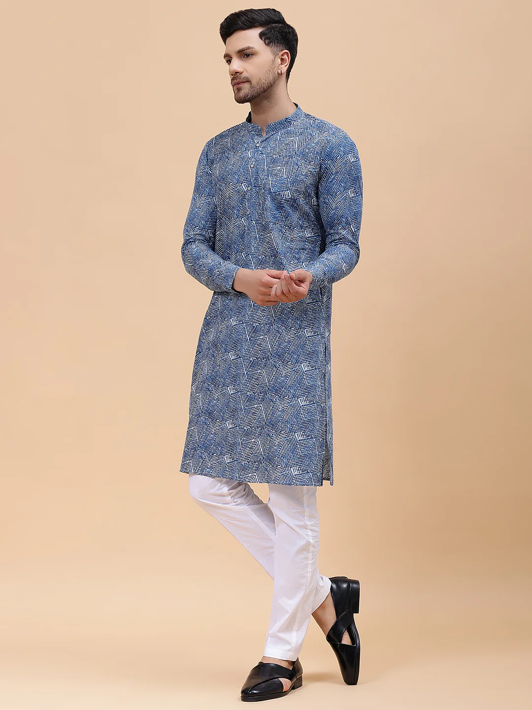 Men Blue Pure Cotton Printed Staright Kurta - Image 2