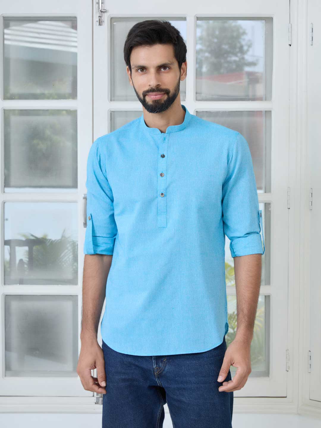 Men Blue Pure Cotton Short Kurta - Image 2