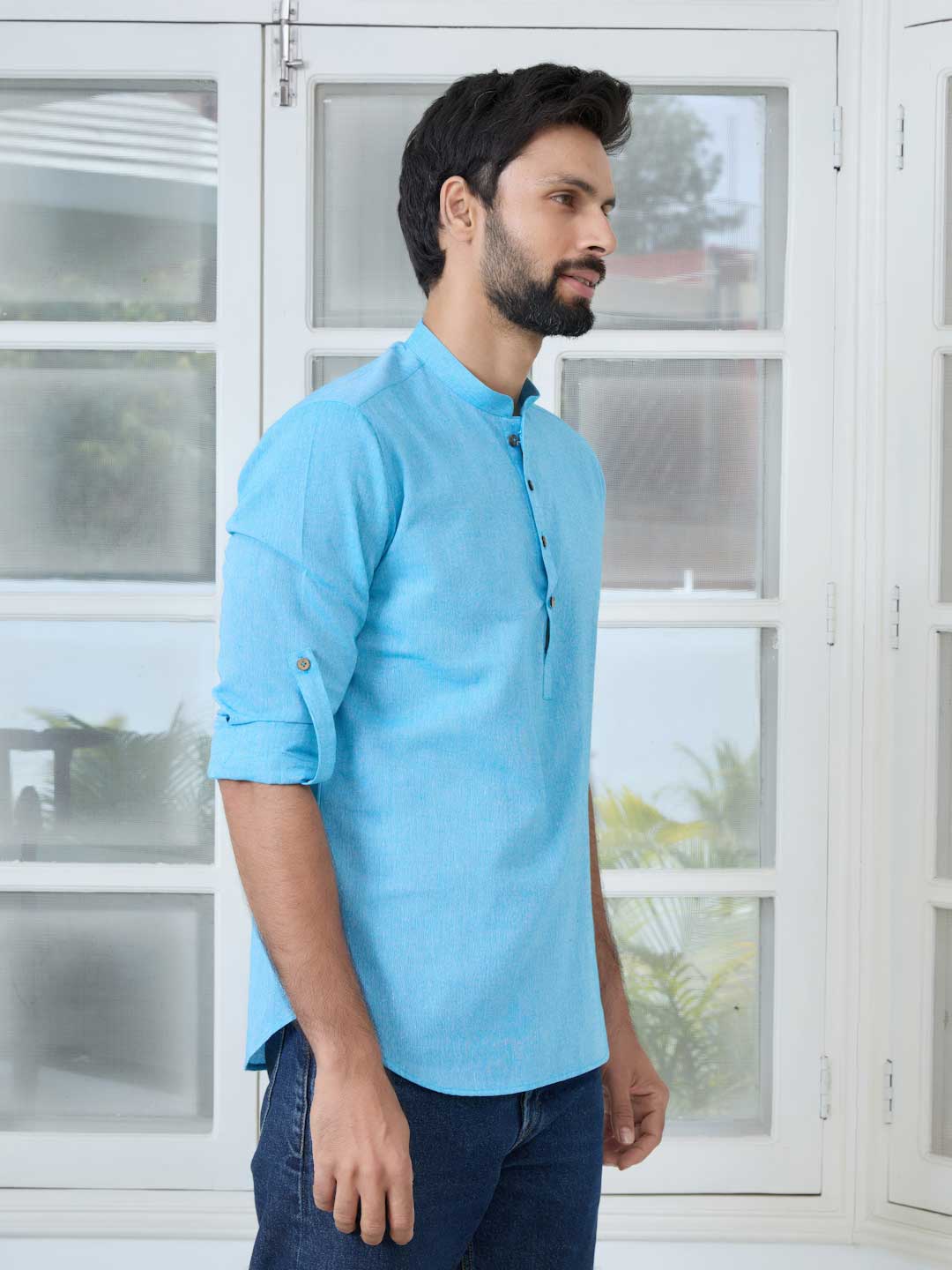 Men Blue Pure Cotton Short Kurta - Image 4