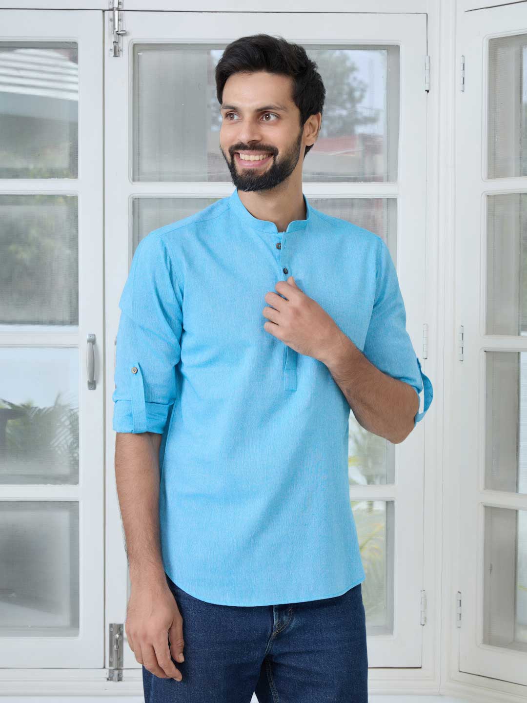 Men Blue Pure Cotton Short Kurta - Image 6