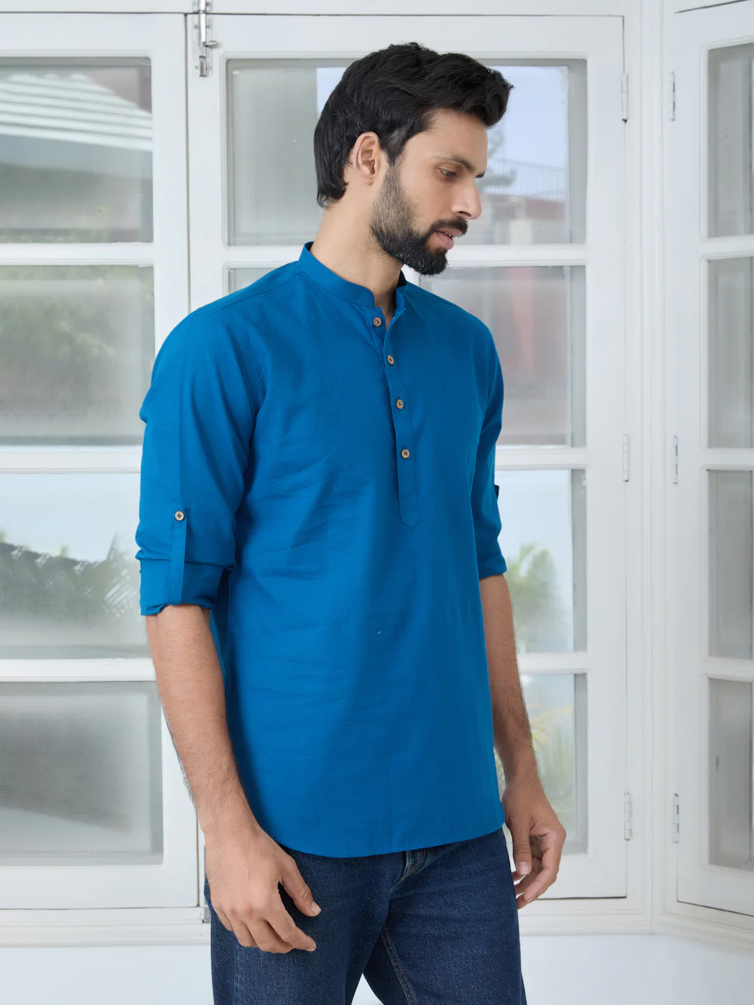 Men Blue Pure Cotton Slub Short Kurta - Image 2