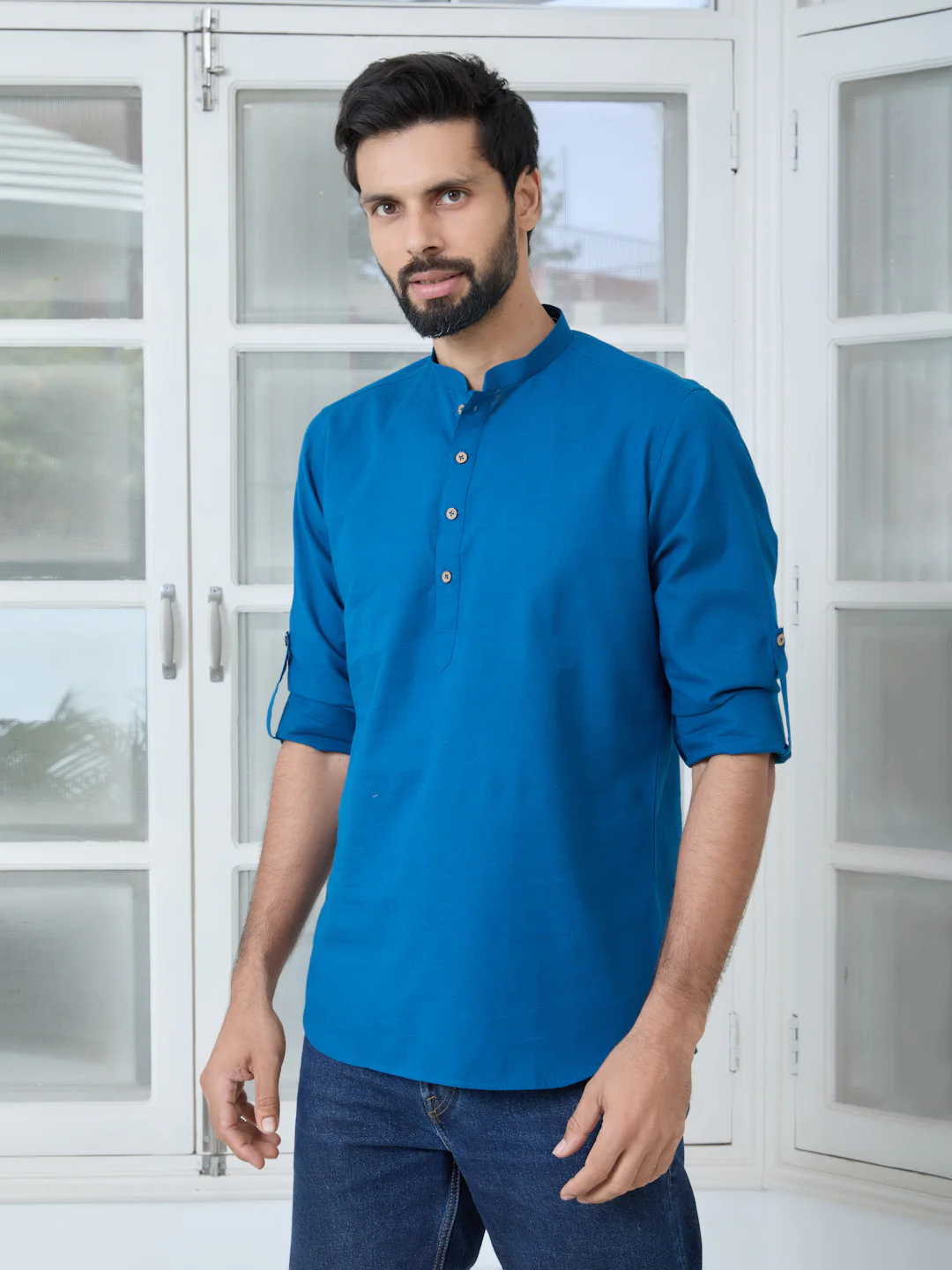 Men Blue Pure Cotton Slub Short Kurta - Image 4