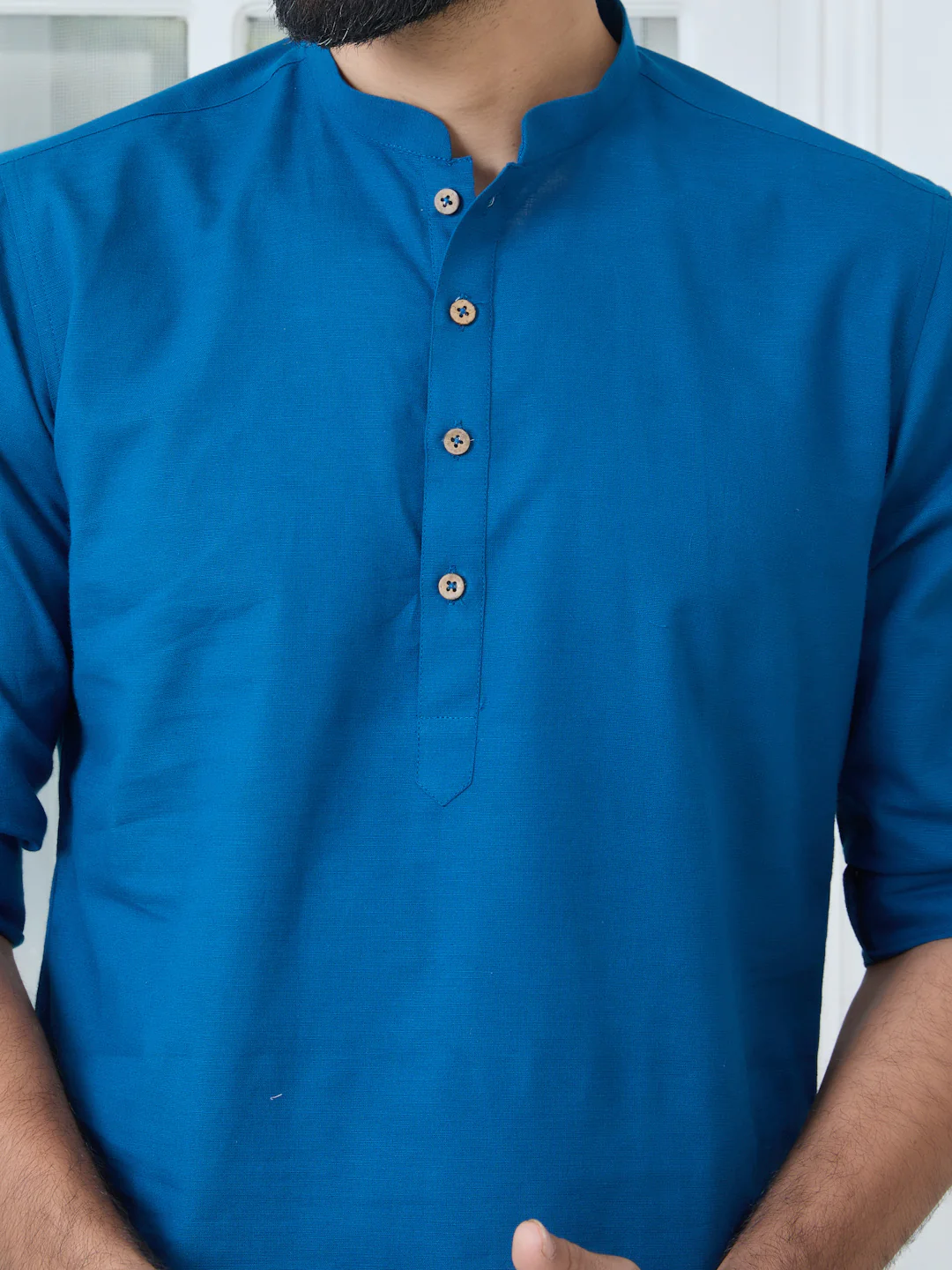 Men Blue Pure Cotton Slub Short Kurta - Image 5